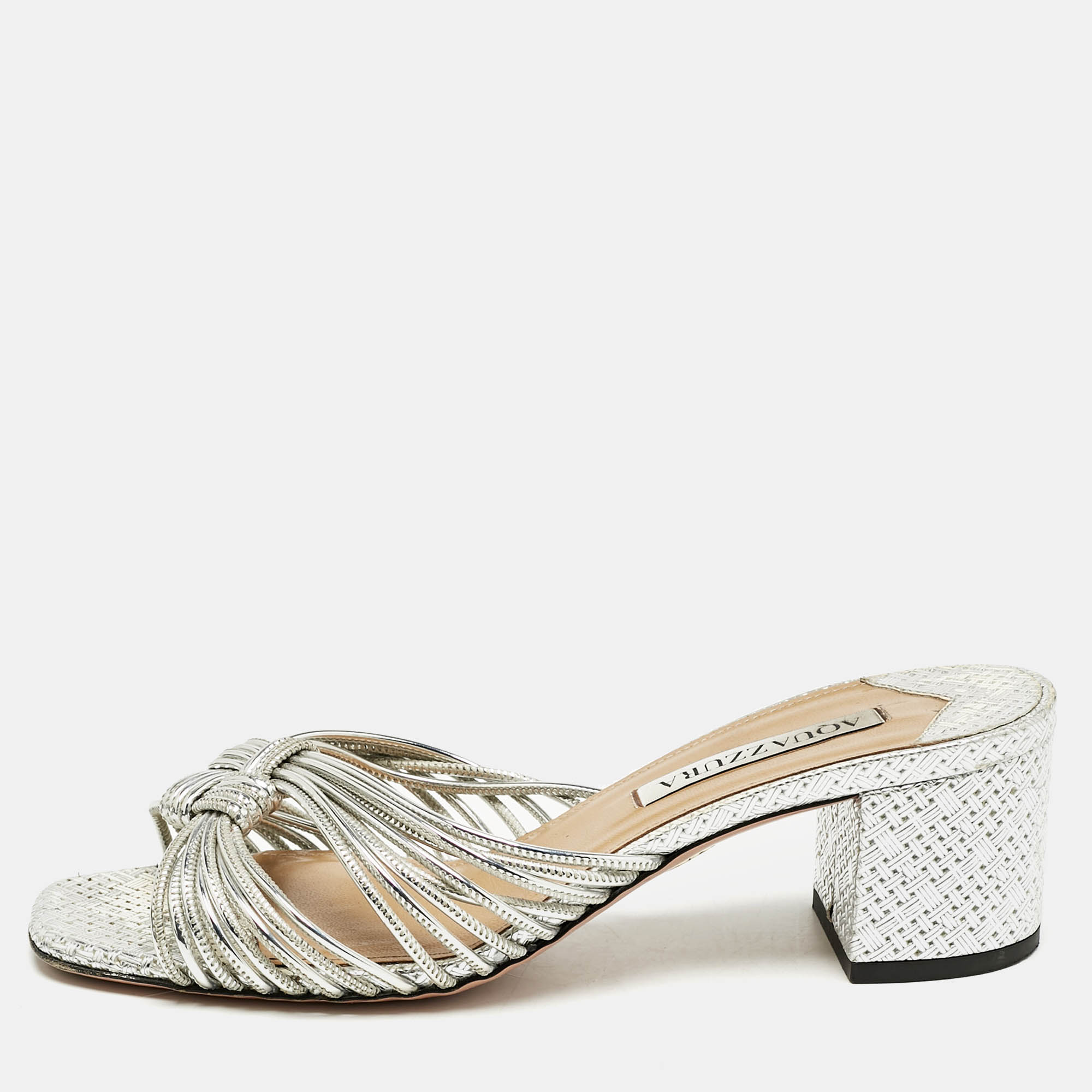 

Aquazzura Metallic Silver Leather Club Twist Slide Sandals Size