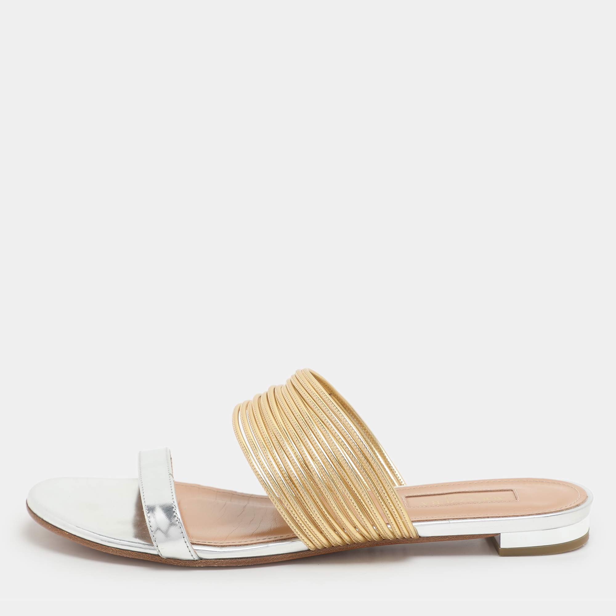 

Aquazzura Silver/Gold Leather Rendez Vous Flat Slides Size