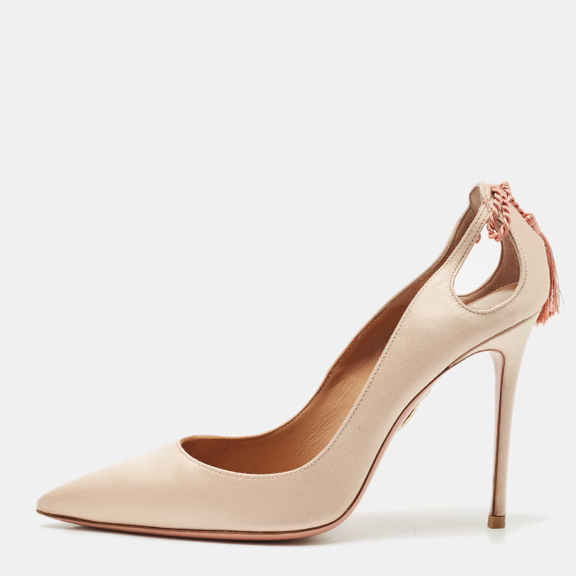 

Aquazzura Beige Satin Forever Marilyn Cut Out Tassel Detail Pumps Size