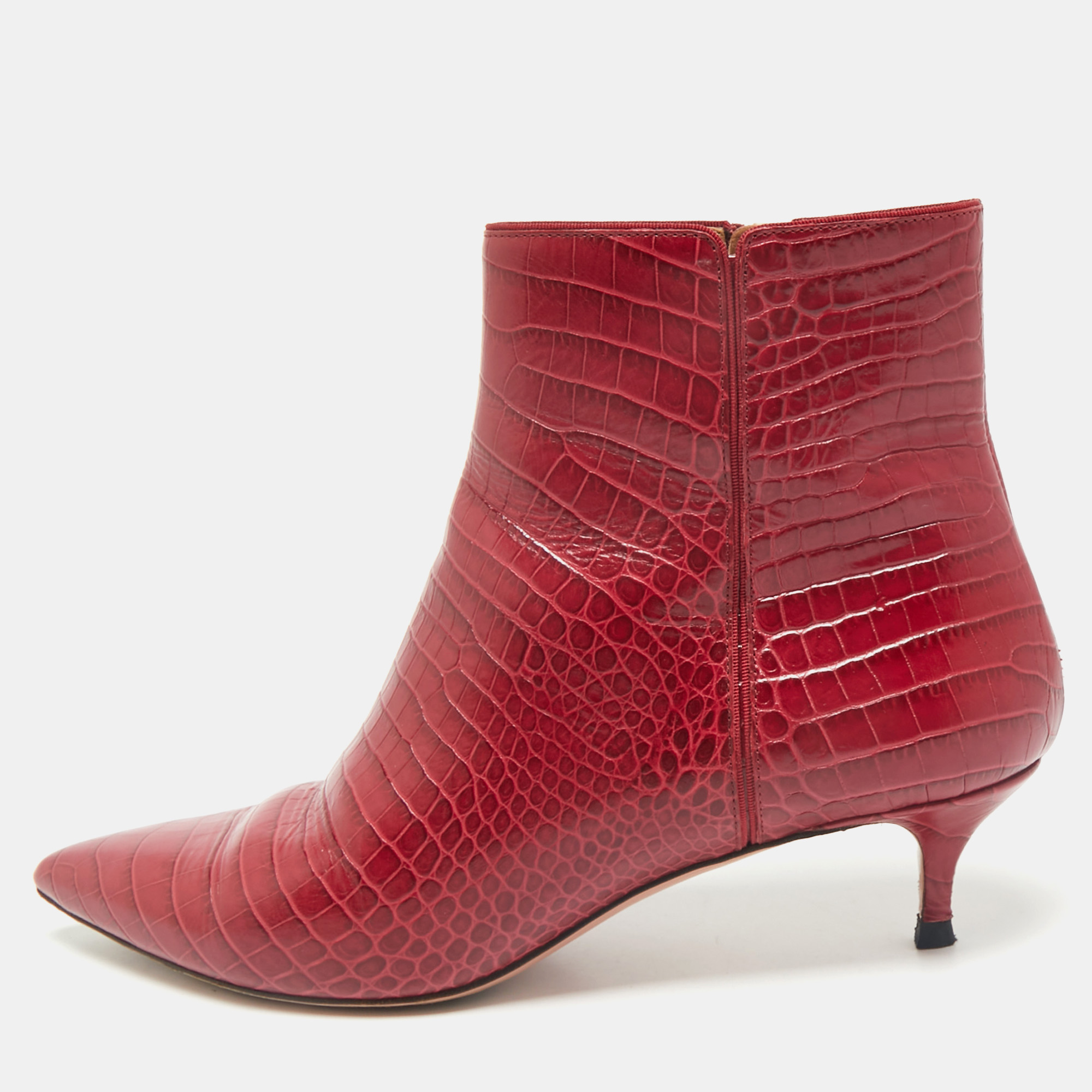 

Aquazzura Burgundy Croc Embossed Leather Quant Ankle Length Boots Size