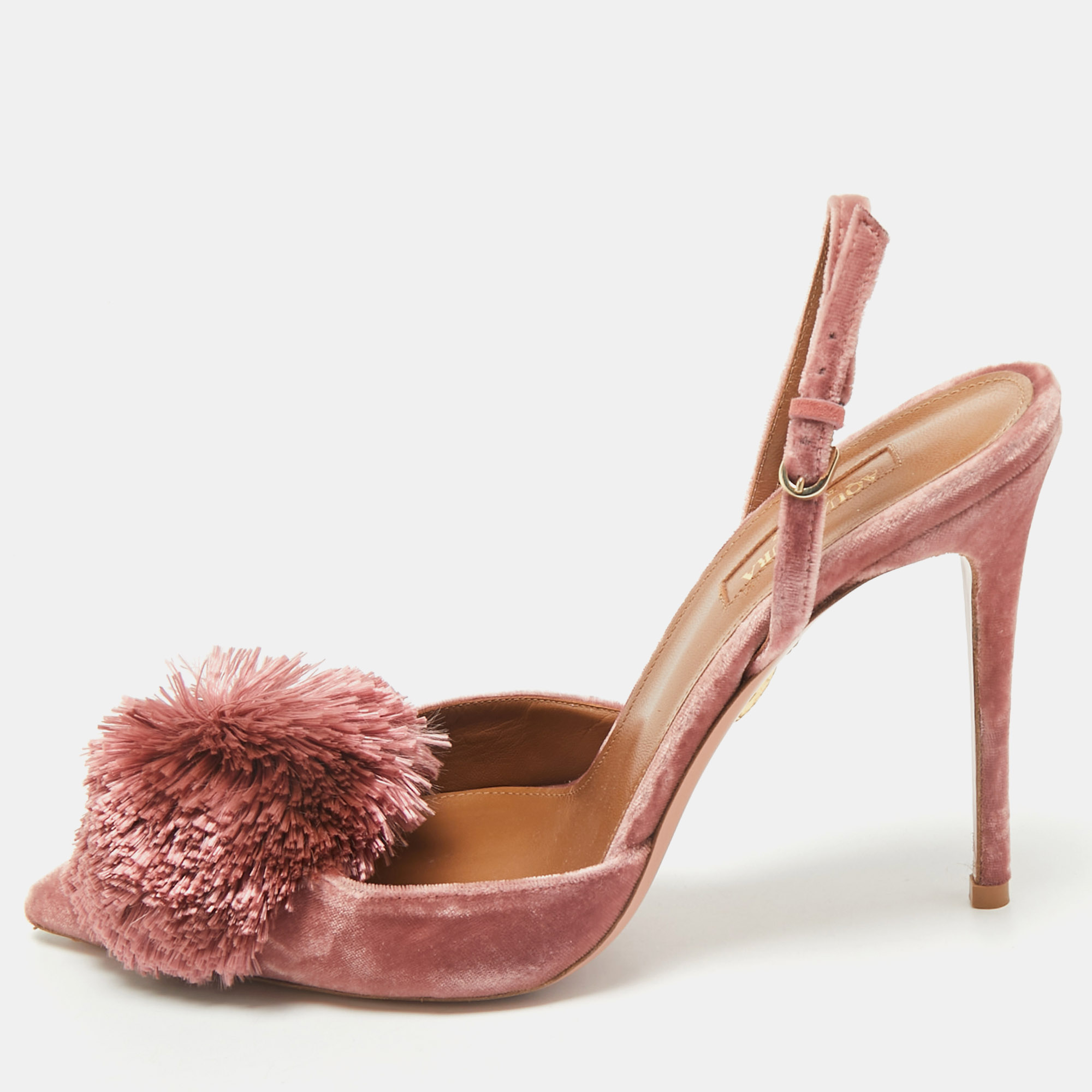 

Aquazzura Rose Pink Velvet Powder Puff Pom Pom Slingback Pumps Size