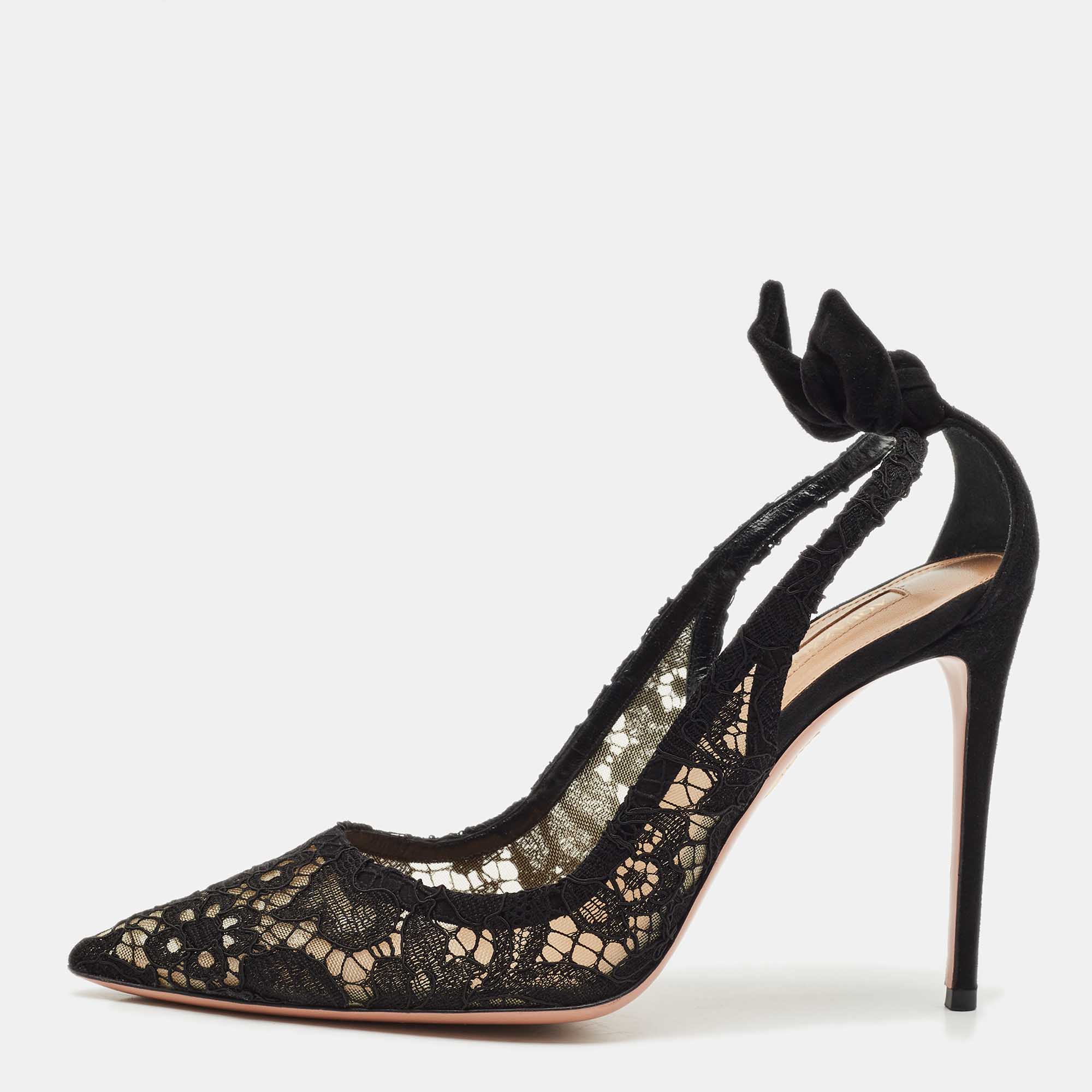 

Aquazzura Black Lace Bow Tie Pumps Size