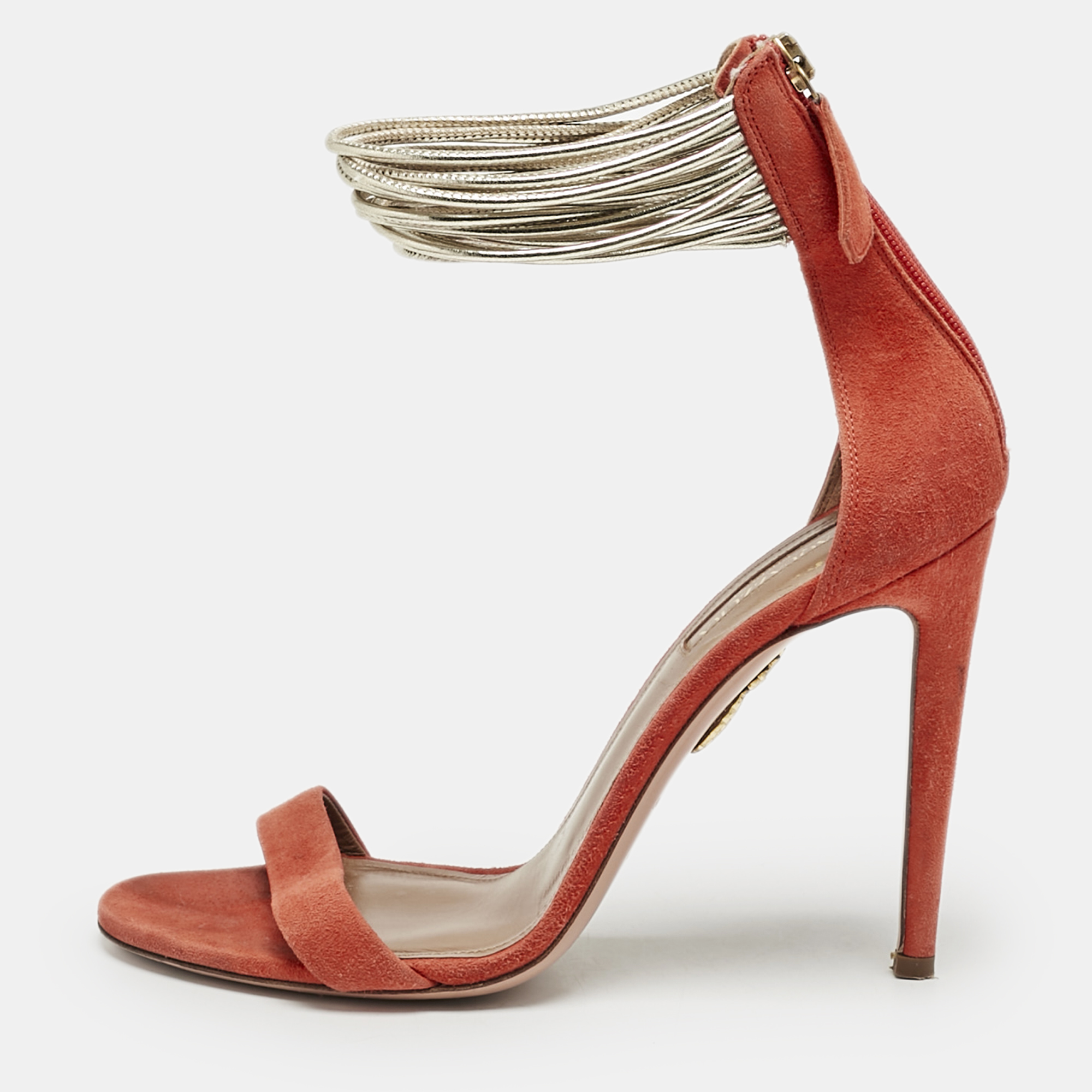 

Aquazzura Orange/Gold Leather and Suede Ankle Strap Sandals Size