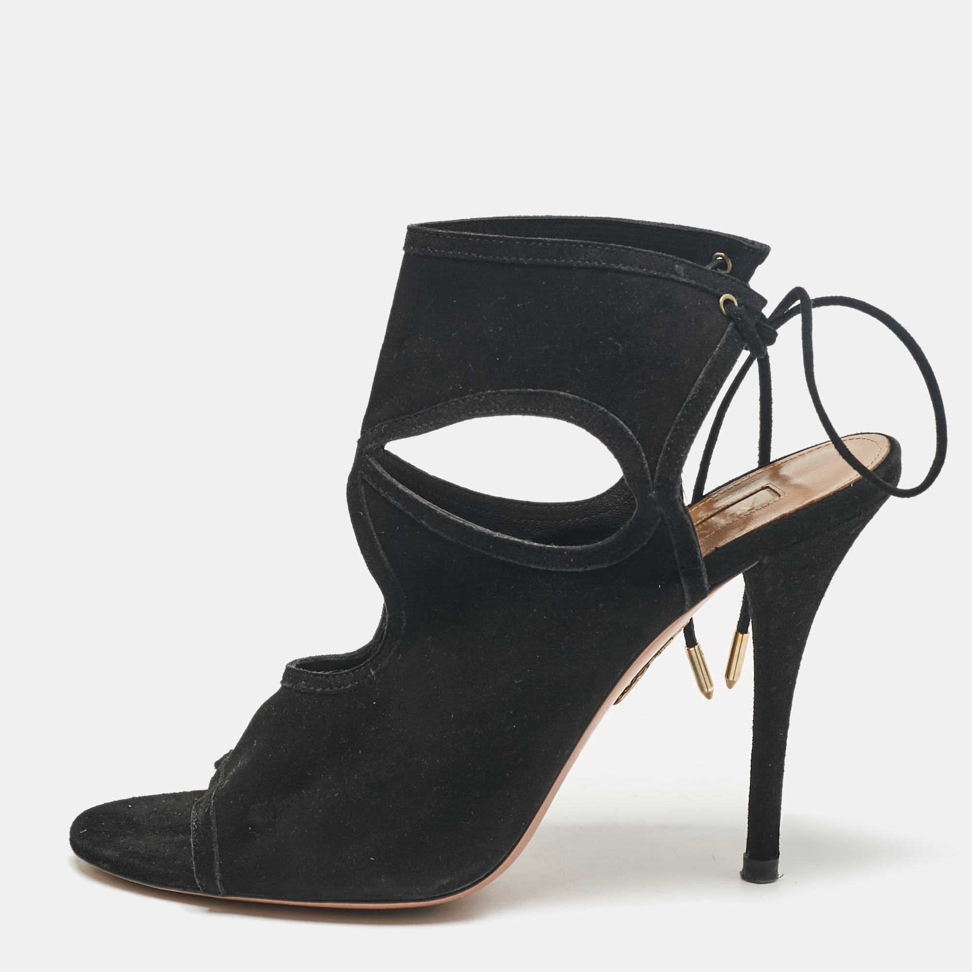 

Aquazzura Black Cutout Suede Sexy Thing Peep Toe Sandals Size
