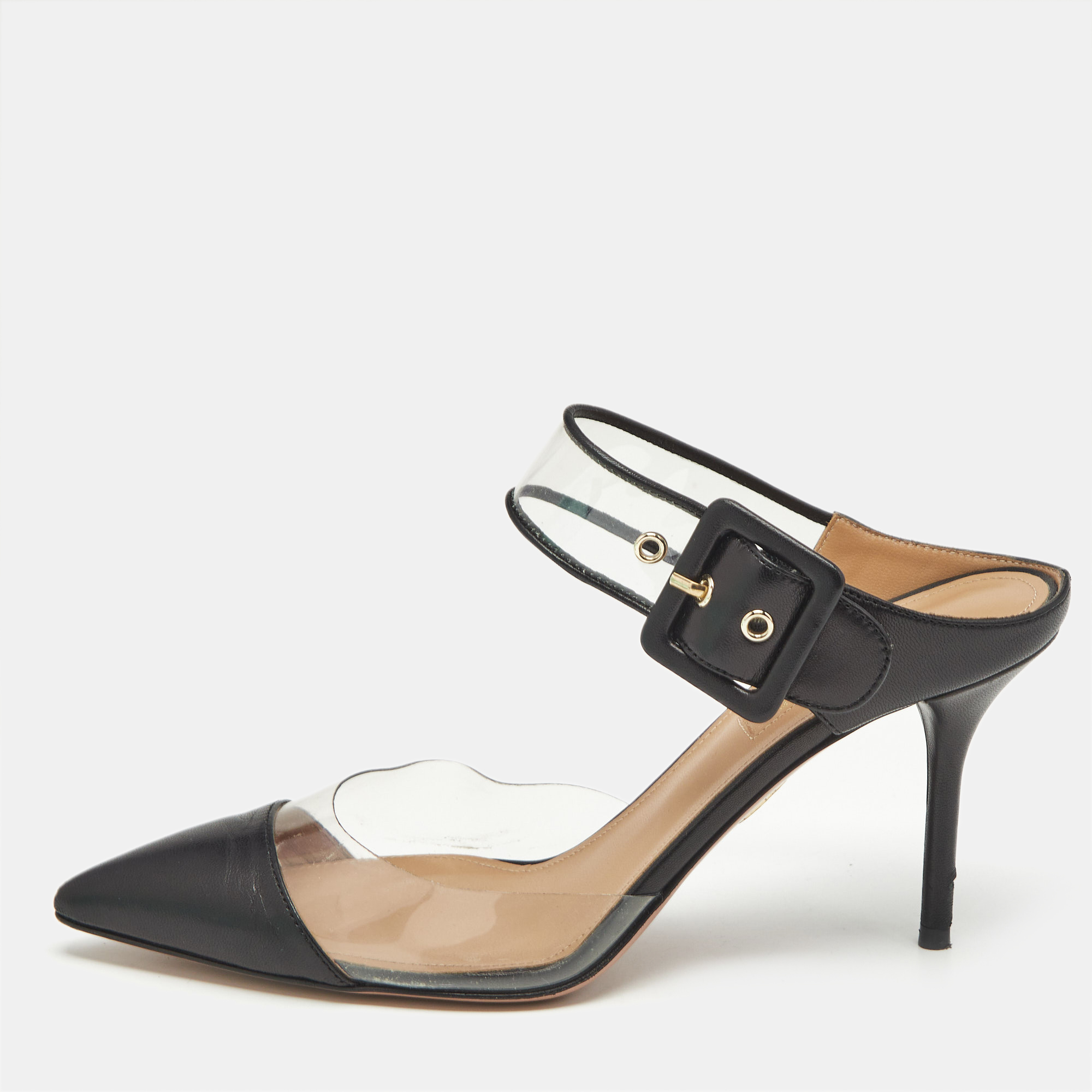 

Aquazzura Black PVC And Leather Optic Buckle Sandals Size
