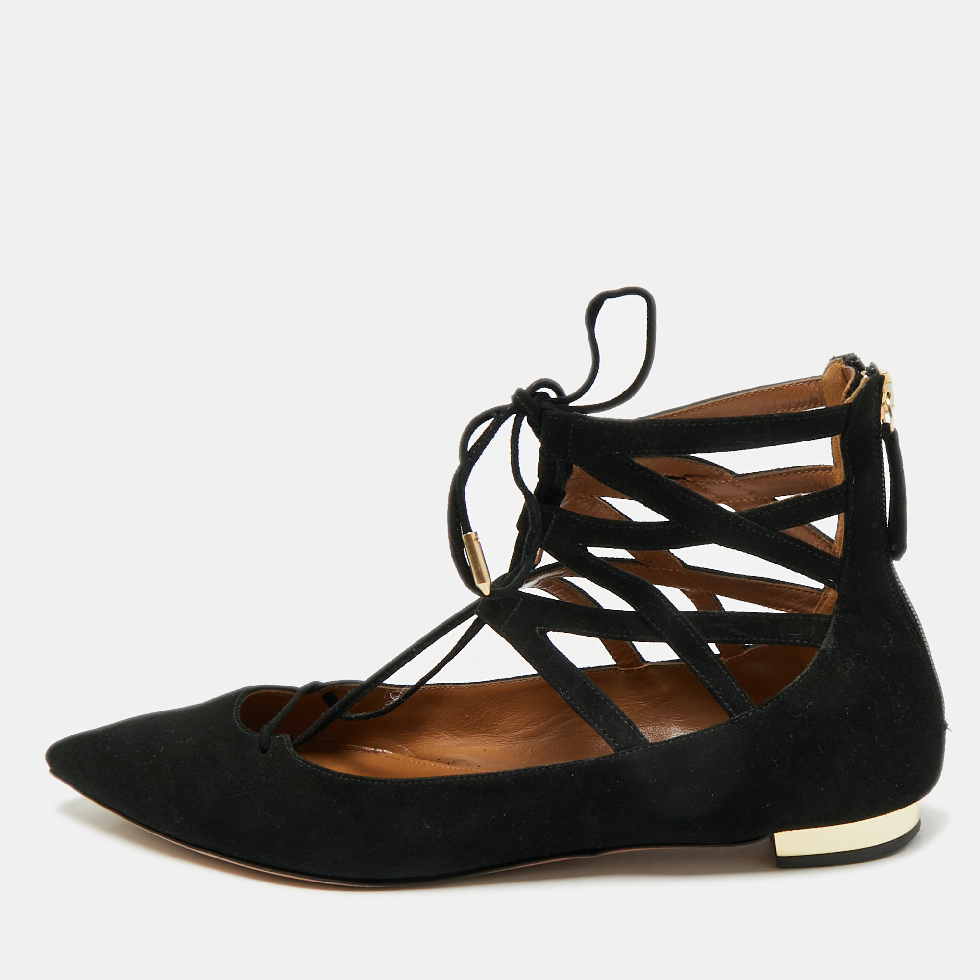 

Aquazzura Black Suede Dancer Lace-Up Ballet Flats Size