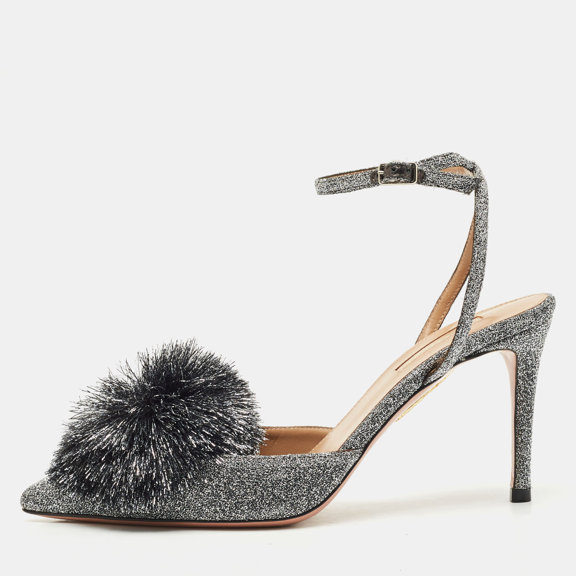 Pre-owned Aquazzura Silver Metallic Lurex Fabric Powder Puff Ankle Strap Sandals Size 38