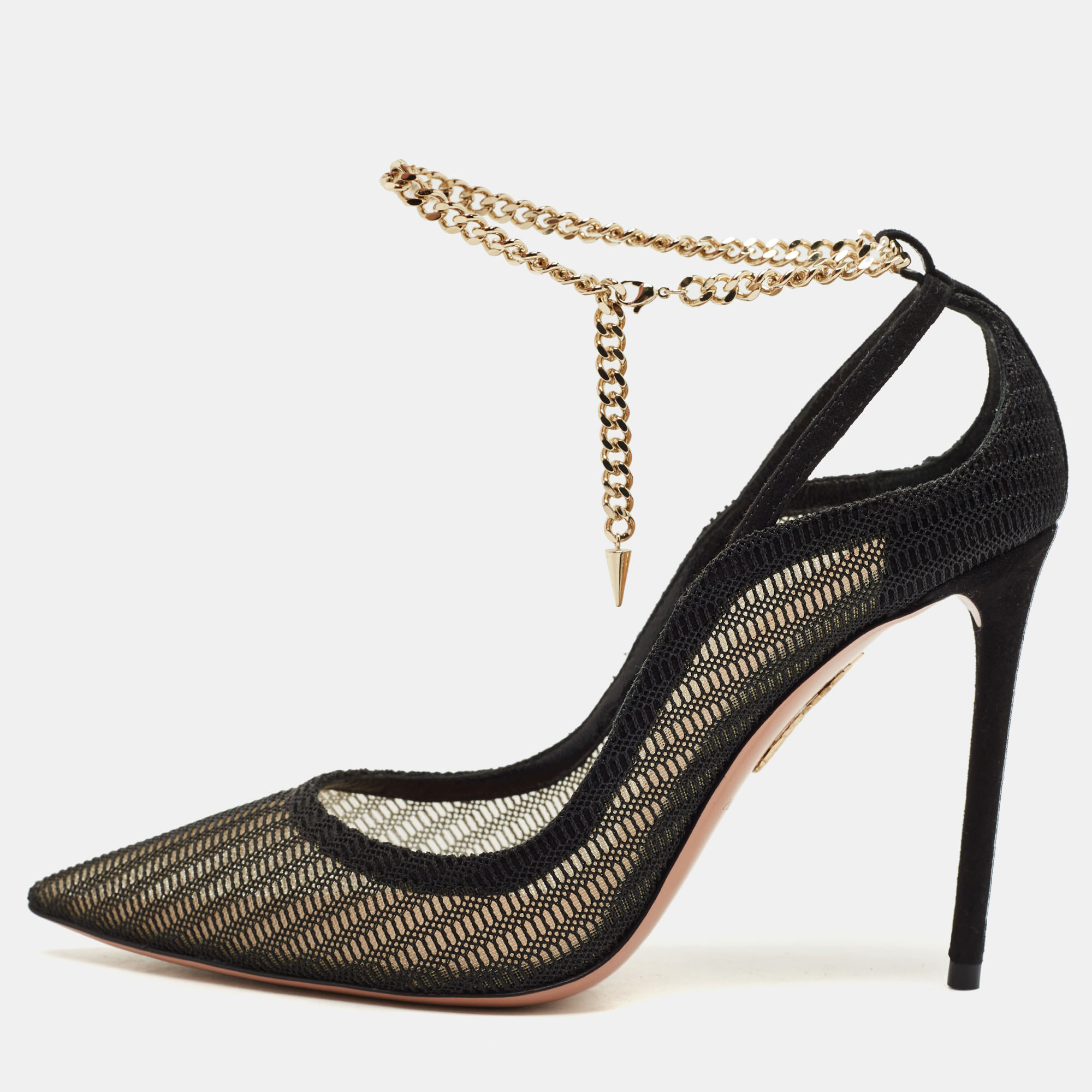 

Aquazzura Black Mesh And Suede Bond Street Ankle Chain Pointed Toe Pumps Size