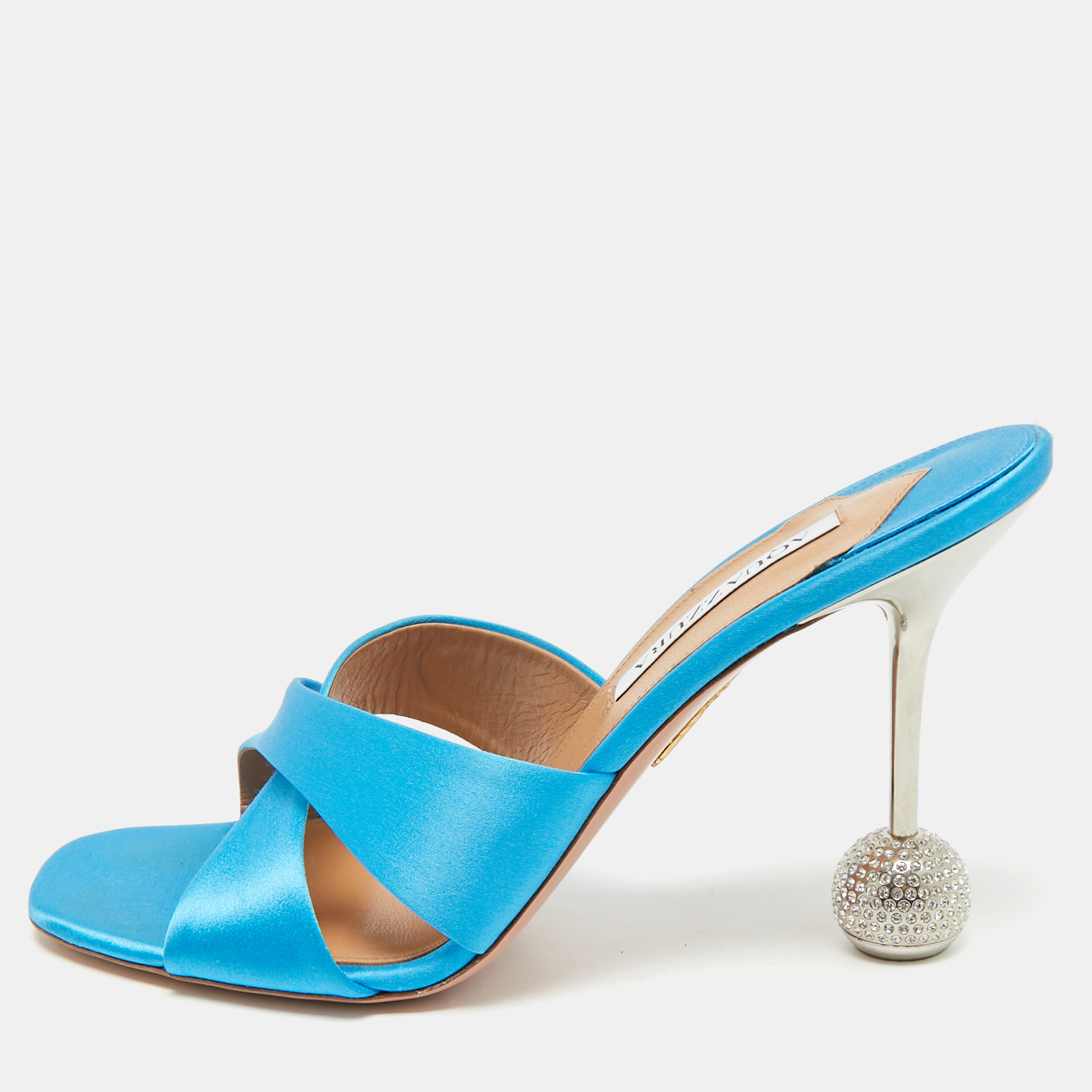 Pre-owned Aquazzura Blue Satin Darling Slide Sandals Size 41