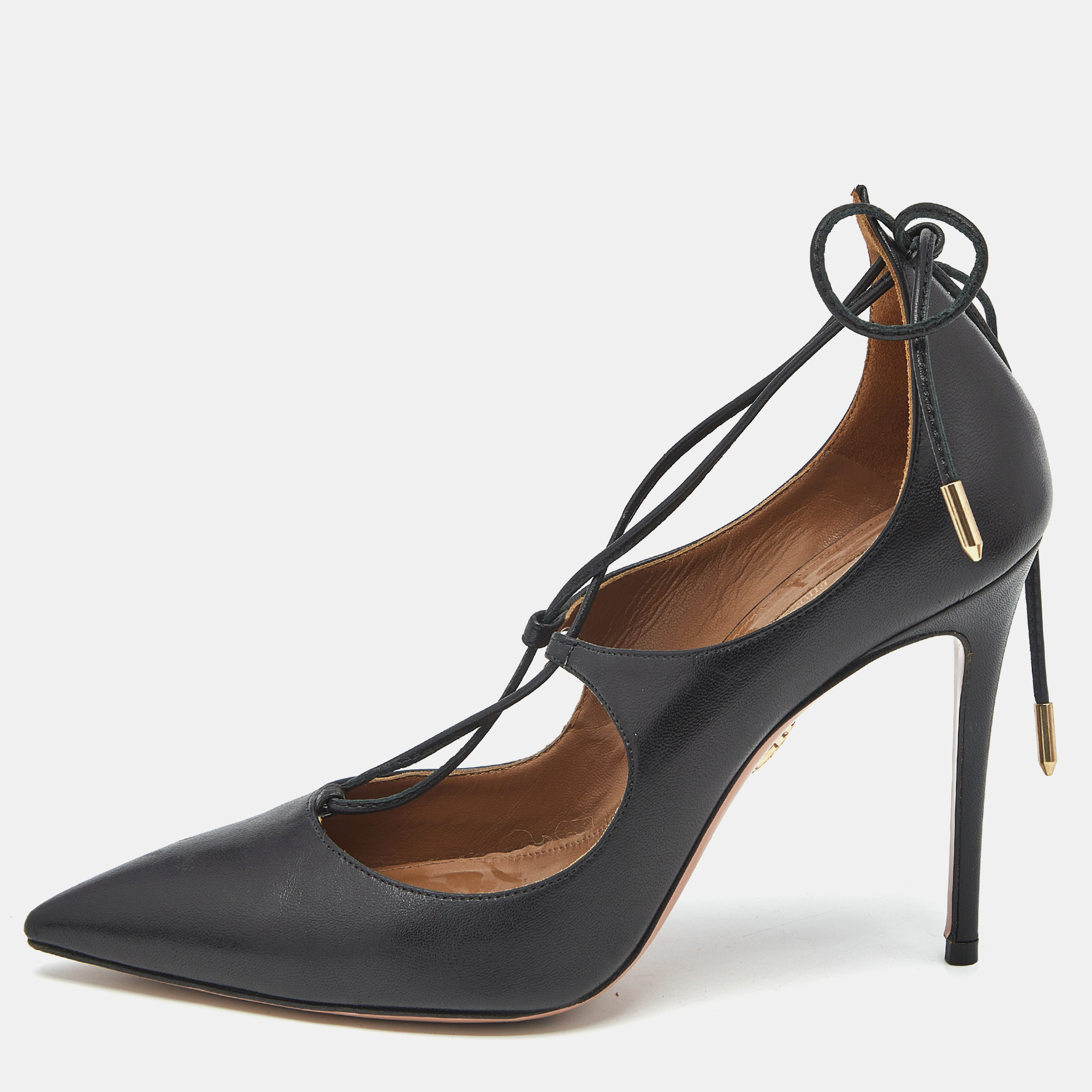 

Aquazzura Black Leather Christy Pointed Toe Ankle Wrap Pumps Size