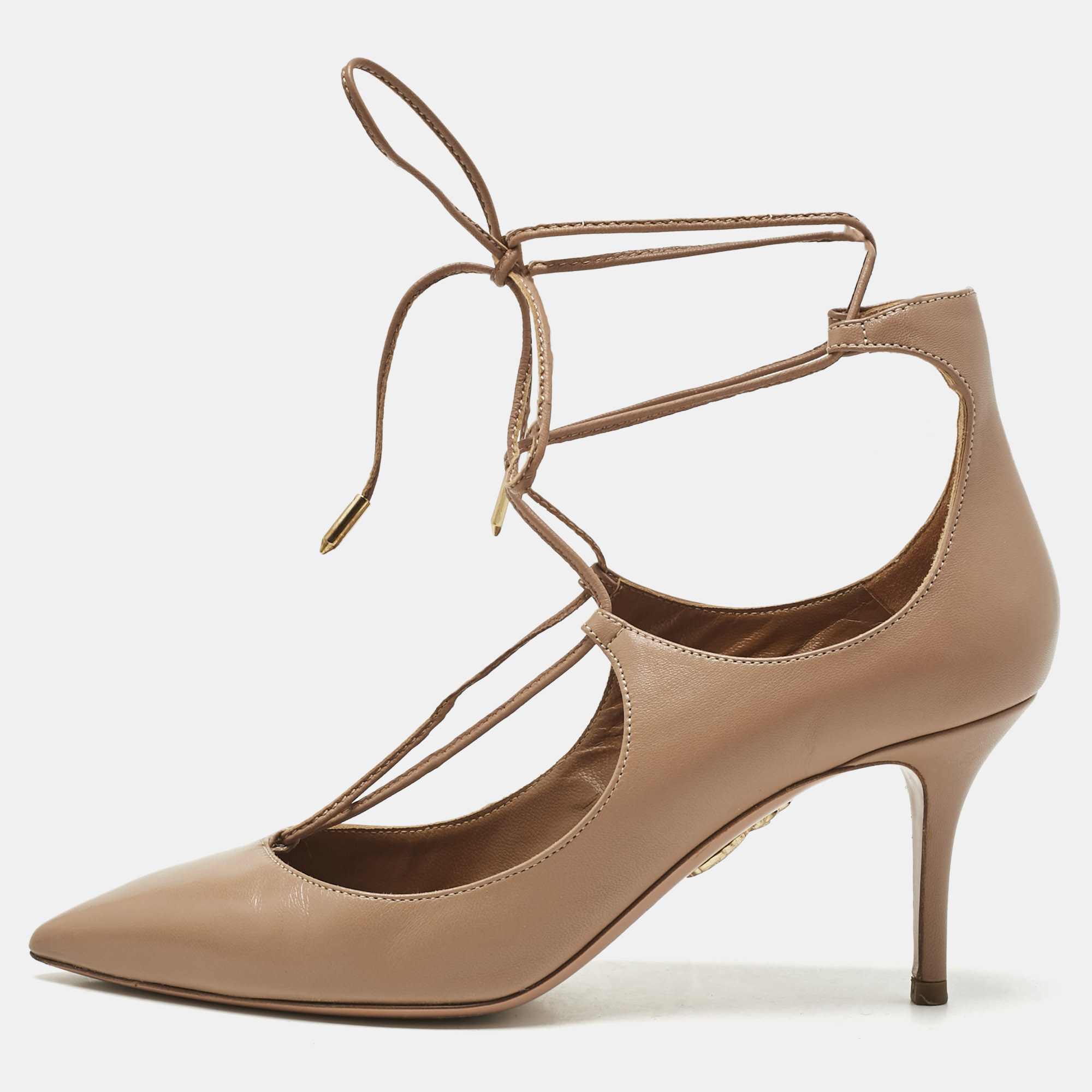 

Aquazzura Beige Leather Christy Lace Ankle Wrap Pumps Size, Brown