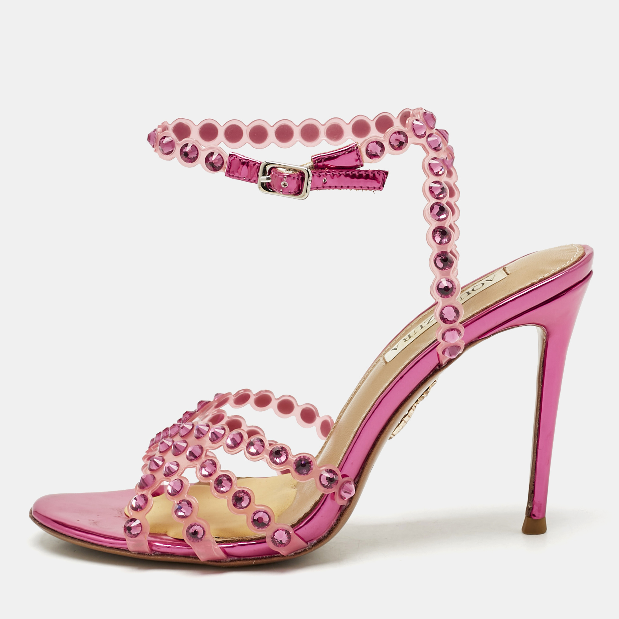 

Aquazzura Pink PVC Love Struck Embellished Ankle Strap Sandals Size