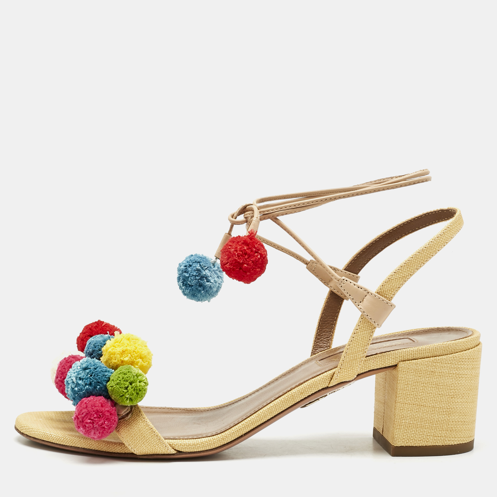 Pre-owned Aquazzura Multicolor Raffia Pom Pom Thong Ankle Tie Sandals Size 37
