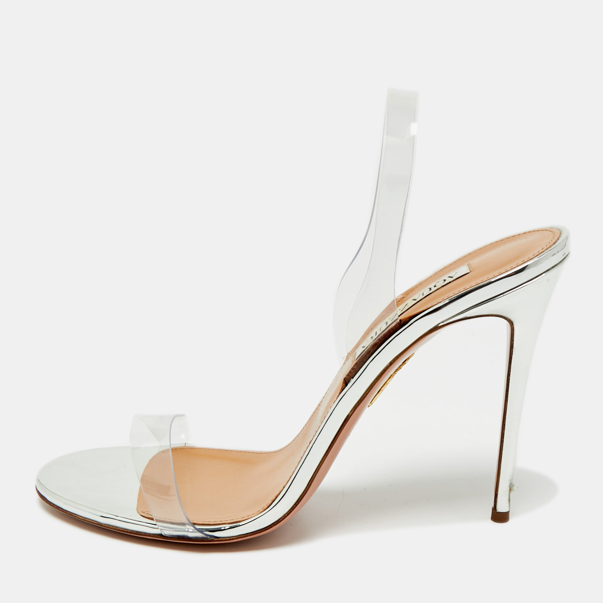 

Aquazzura Silver PVC So Nude Slingback Sandals Size