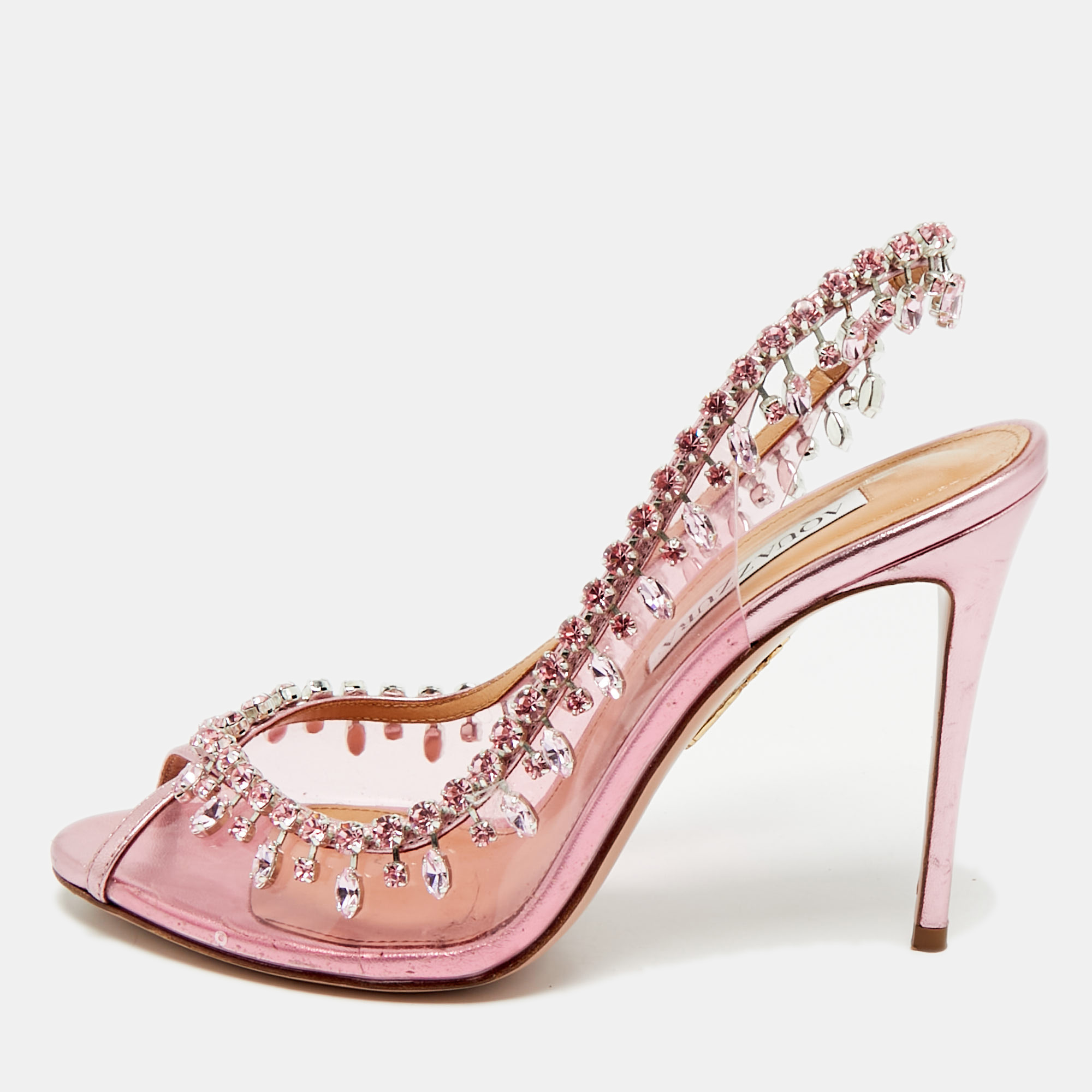 

Aquazzura Rose Pink Leather and PVC Temptation Slingback Pumps Size