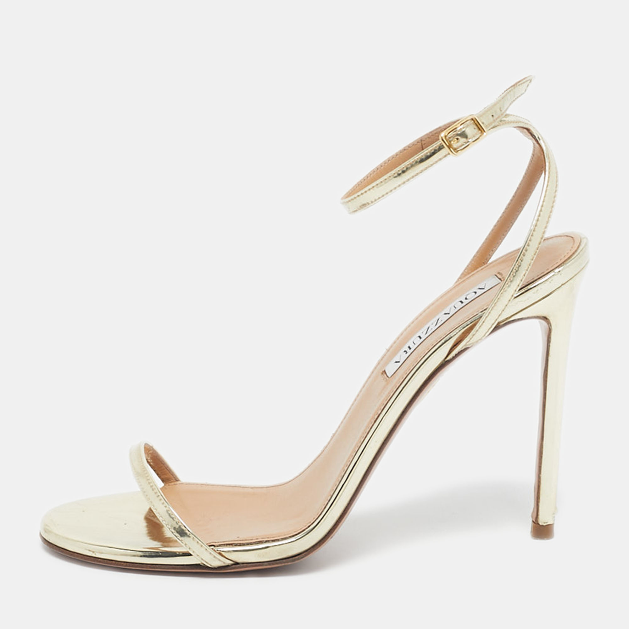 

Aquazzura Gold Patent Leather Olie Ankle Strap Sandals Size