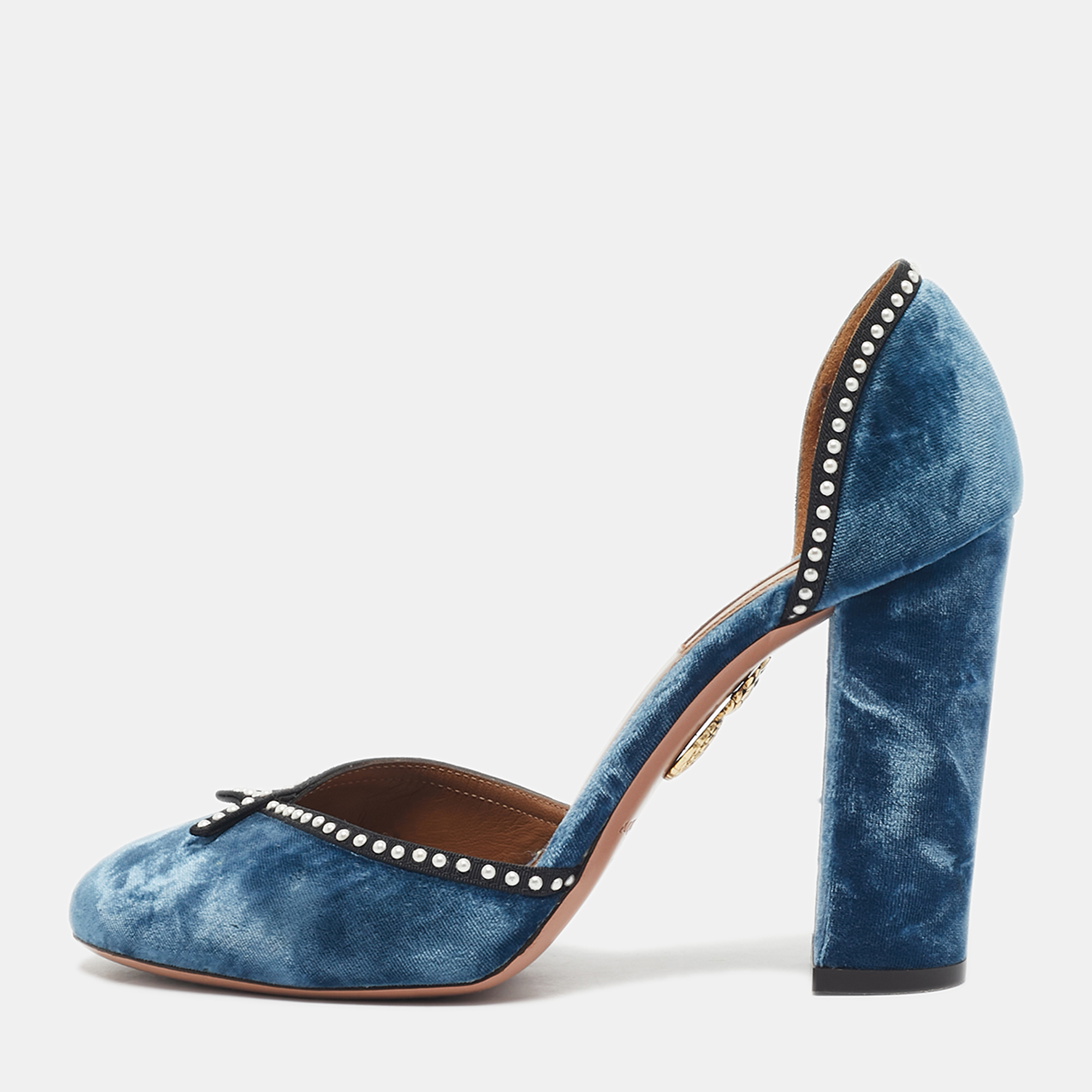 

Aquazzura Blue Velvet Embellishment Block Heel D'orsay Pumps Size