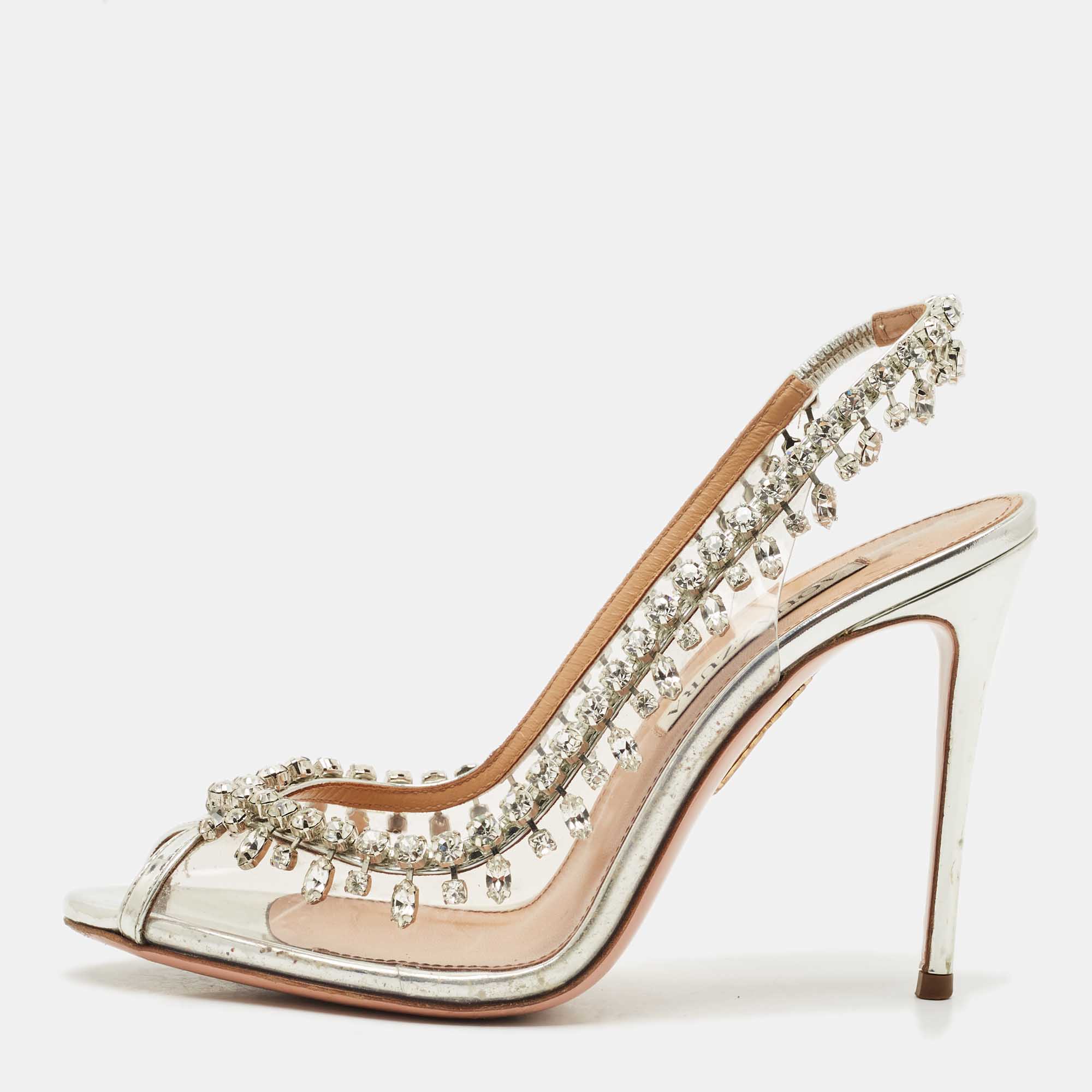 Pre-owned Aquazzura Silver Leather And Pvc Temptation Slingback Pumps Size 36.5