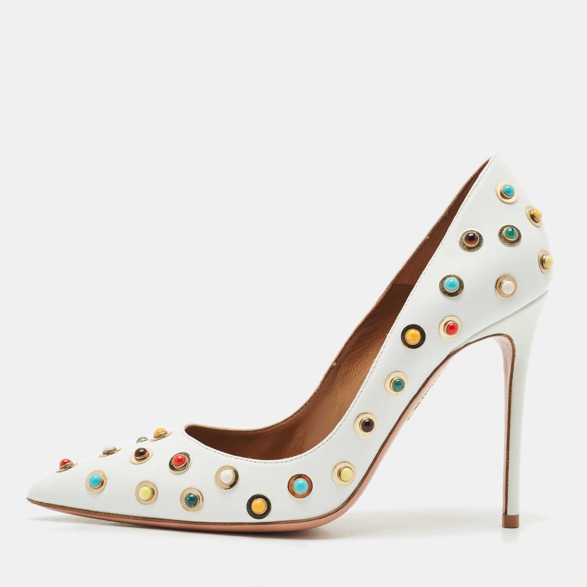 

Aquazzura White Leather Byzantine Pumps Size