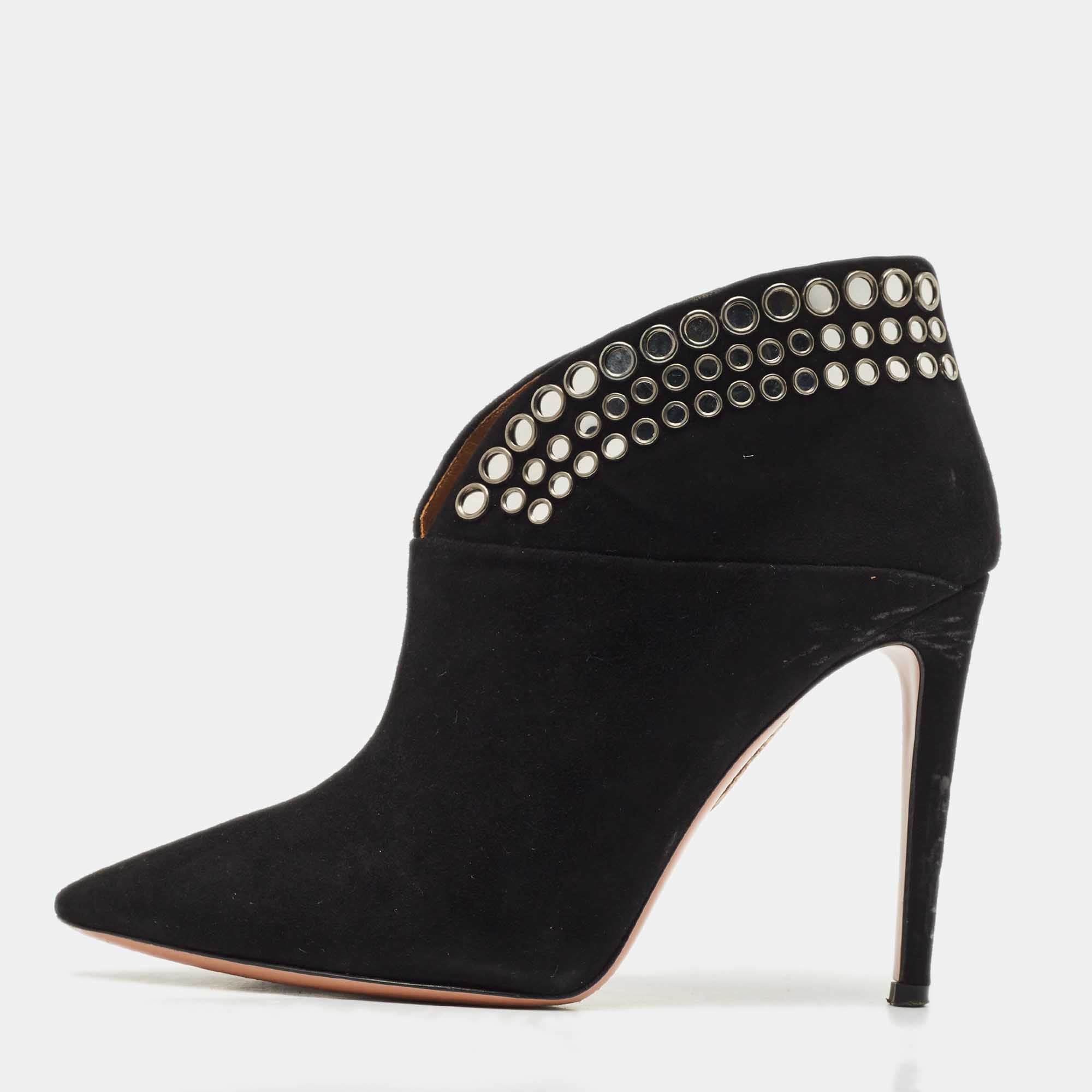 Pre-owned Aquazzura Black Suede Disco Booties Size 36.5