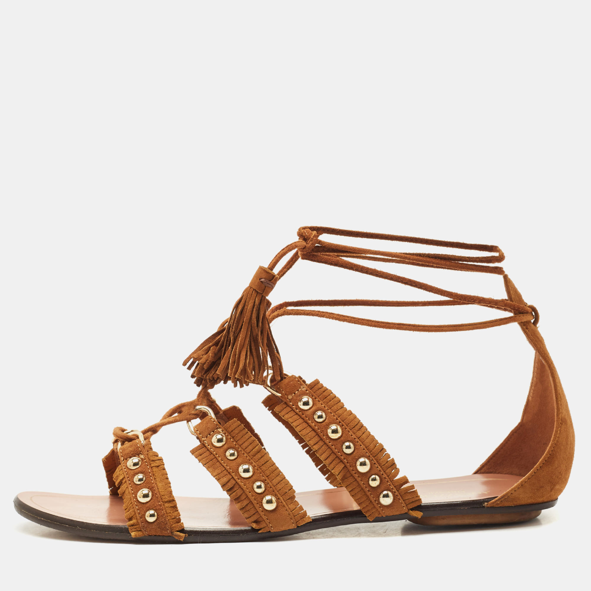 Pre-owned Aquazzura Brown Suede Studded Tulum Flat Sandals Size 37