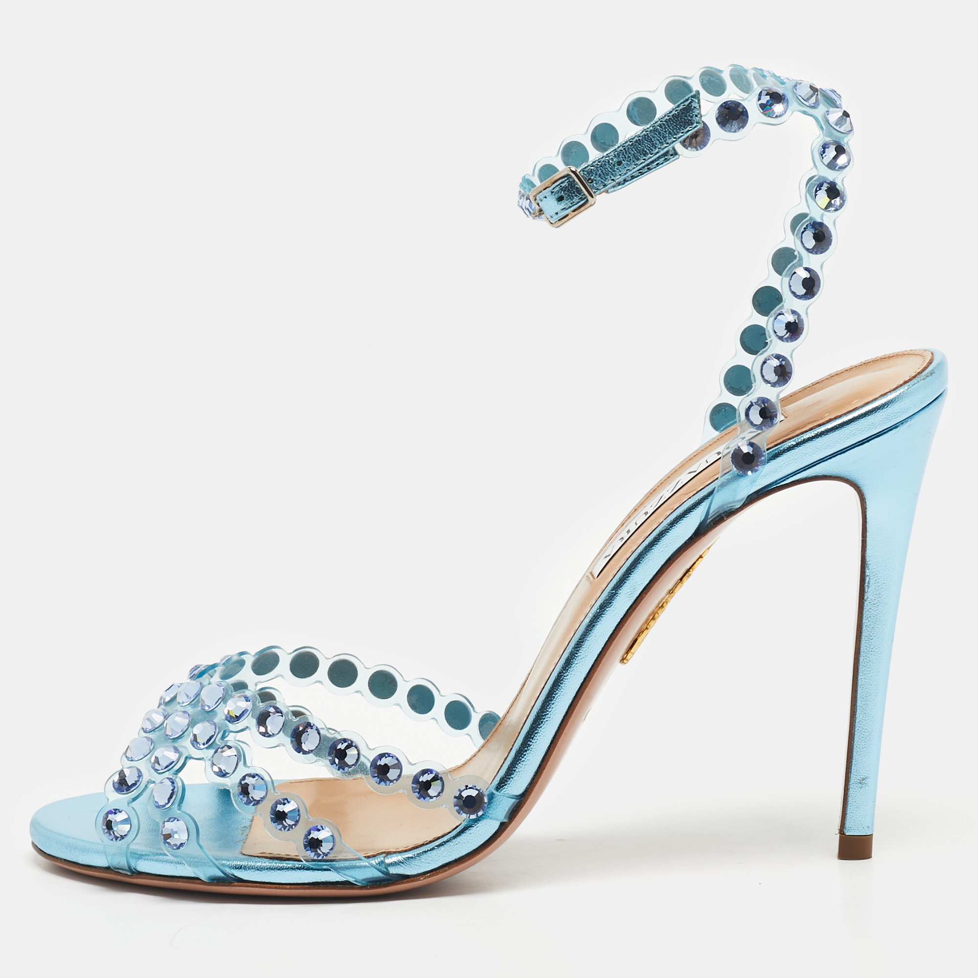 

Aquazzura Blue PVC and Leather Crystal Embellished Tequila Sandals Size