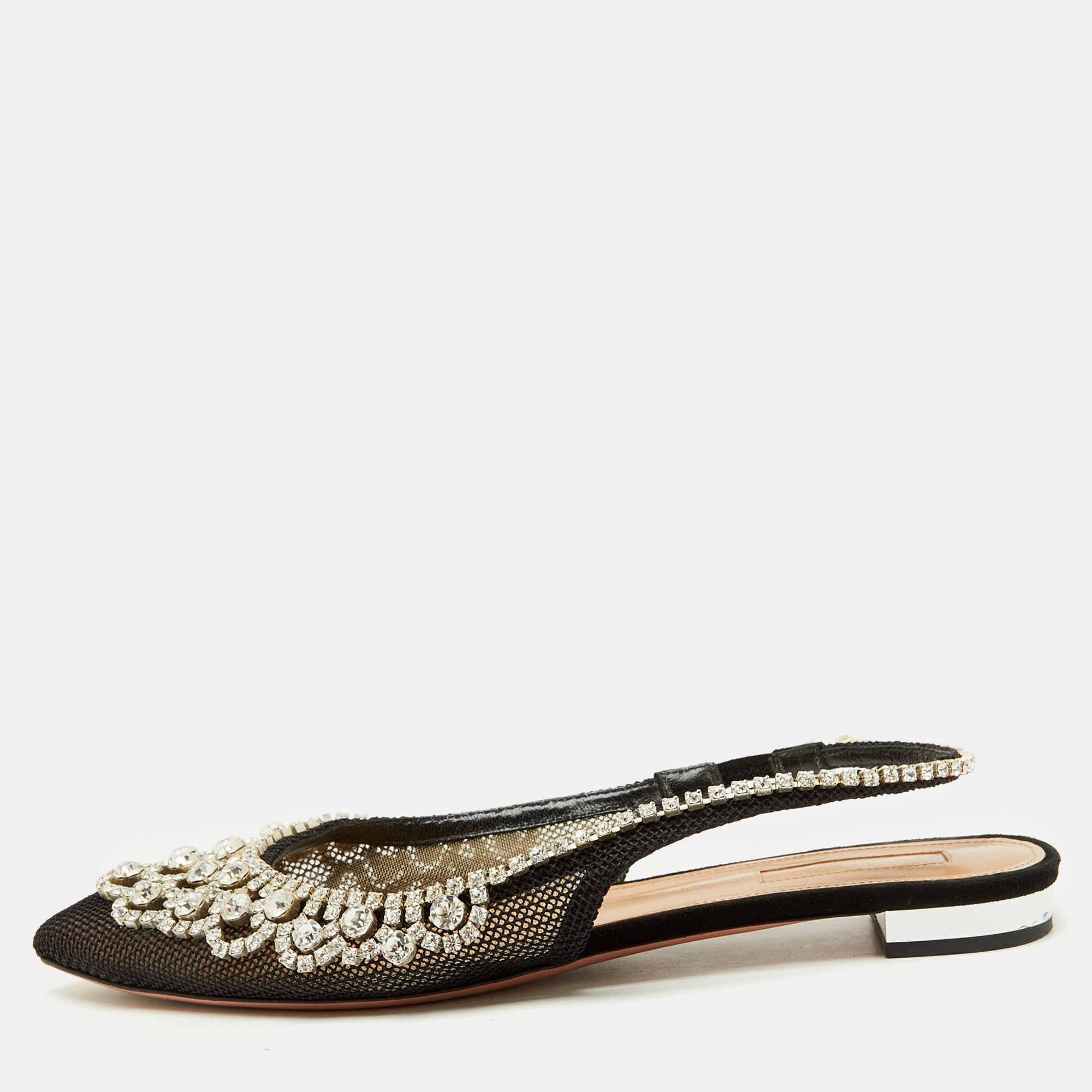 

Aquazzura Black Mesh Crystal Embellished Marahani Slingback Flats Size