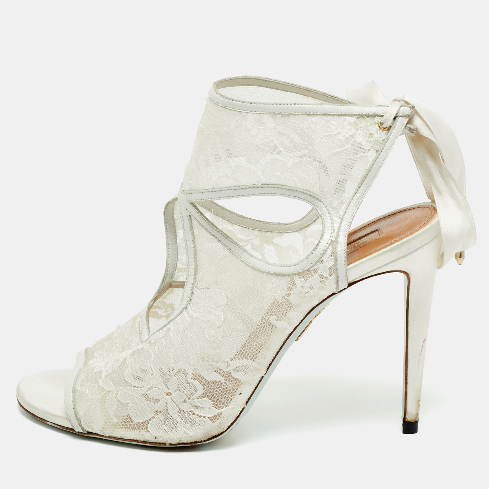 Aquazzura White Lace and Satin Sexy Thing Bridal Cut Out  Ankle Wrap Sandals Size 40.5