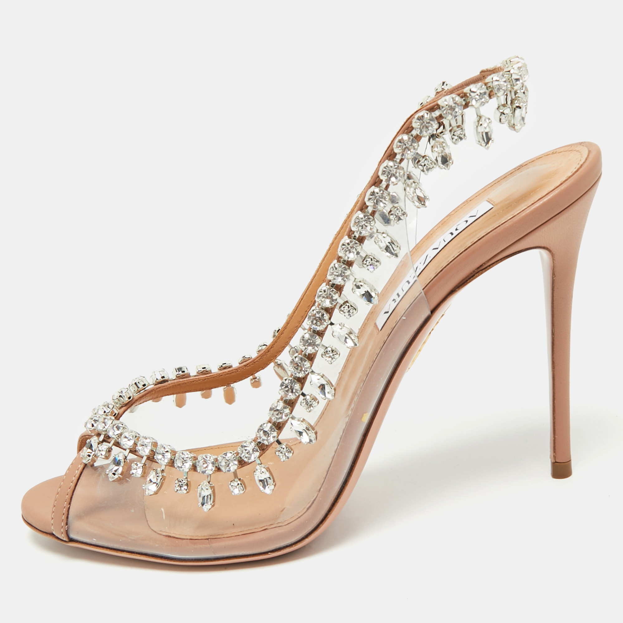 

Aquazzura Silver/Transperent Leather and PVC Temptation Peep Toe Pumps Size