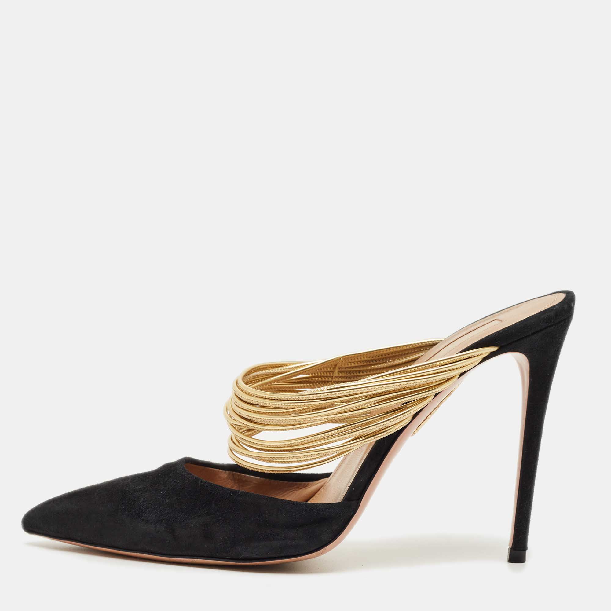 Pre-owned Aquazzura Black/gold Suede And Leather Rendez Vous Pointed Toe Mules Size 39