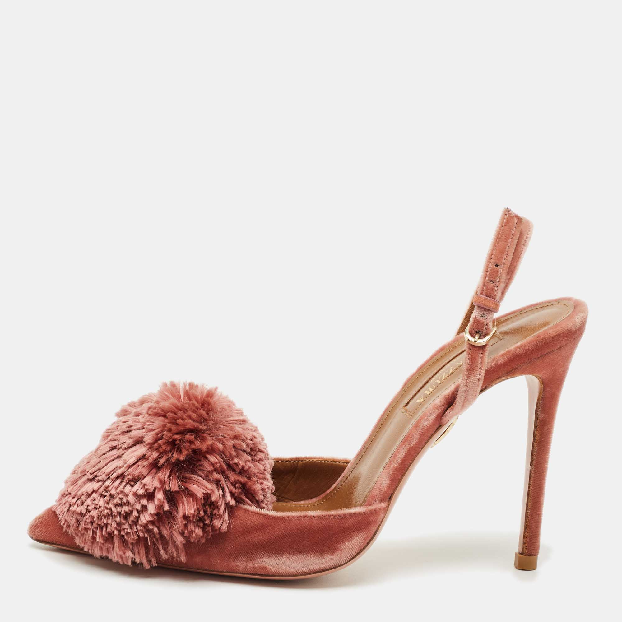 Aquazzura Rose Pink Velvet Powder Puff Pom Pom Slingback Pumps Size 35