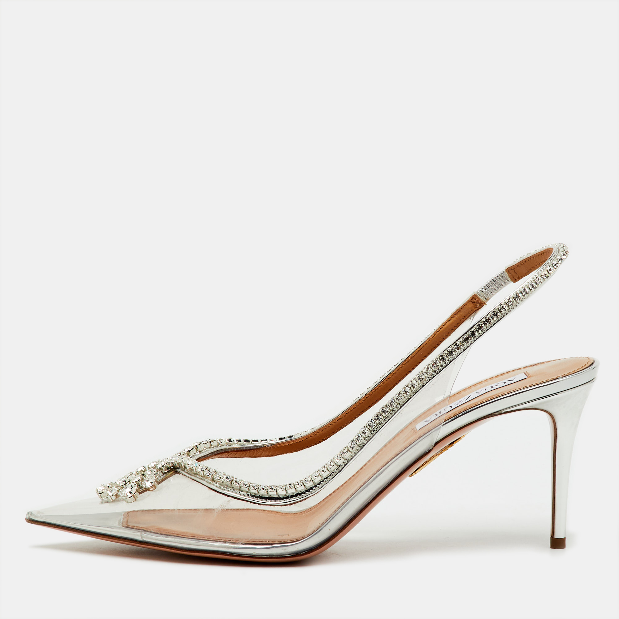 

Aquazzura Transparent/Silver PVC and Leather Seduction Crystal Slingback Pumps Size