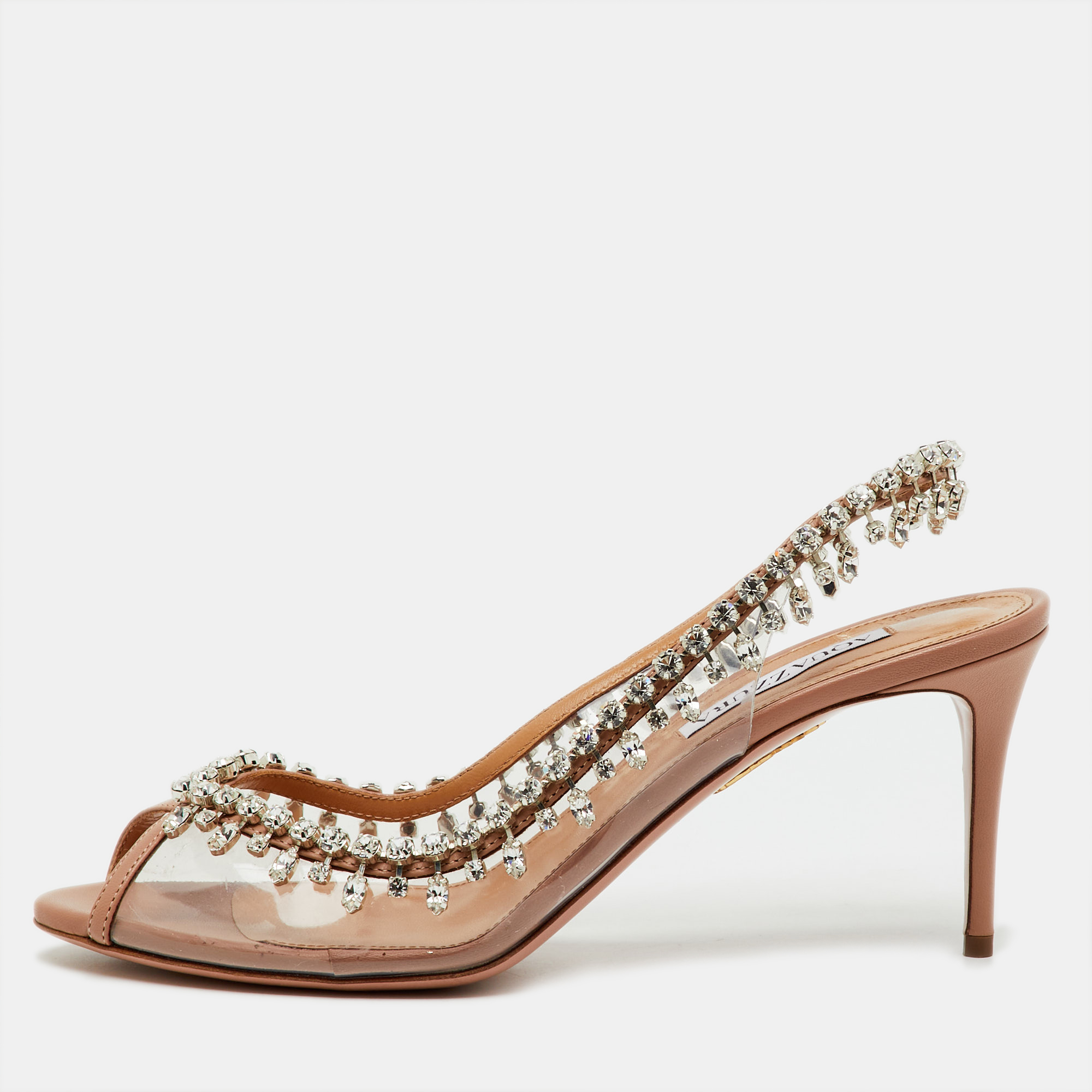 

Aquazzura Transparent/Beige PVC and Leather Temptation Crystal Slingback Pumps Size