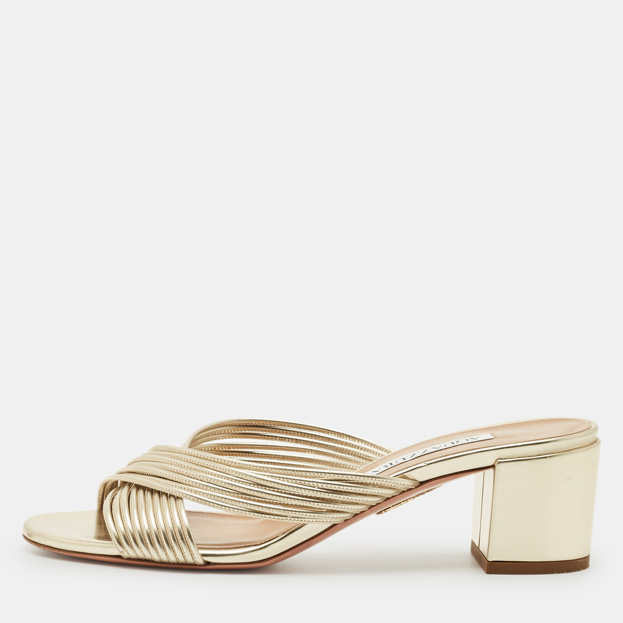 

Aquazzura Gold Leather Crisscross Slide Sandals Size