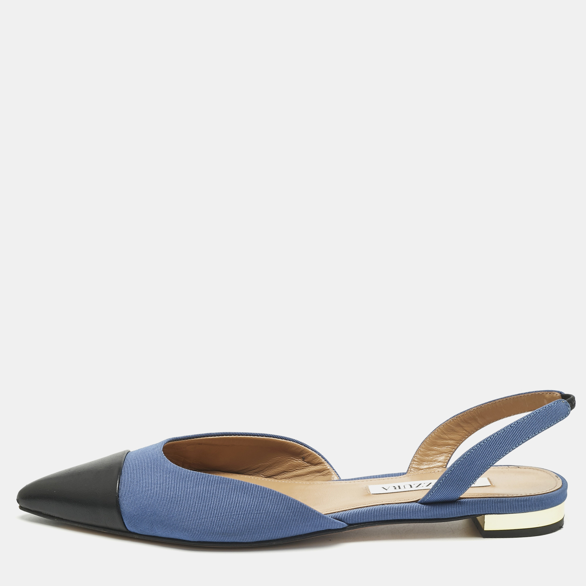 Pre-owned Aquazzura Black/blue Canvas And Leather Marrakech Slingback Flats Size 37