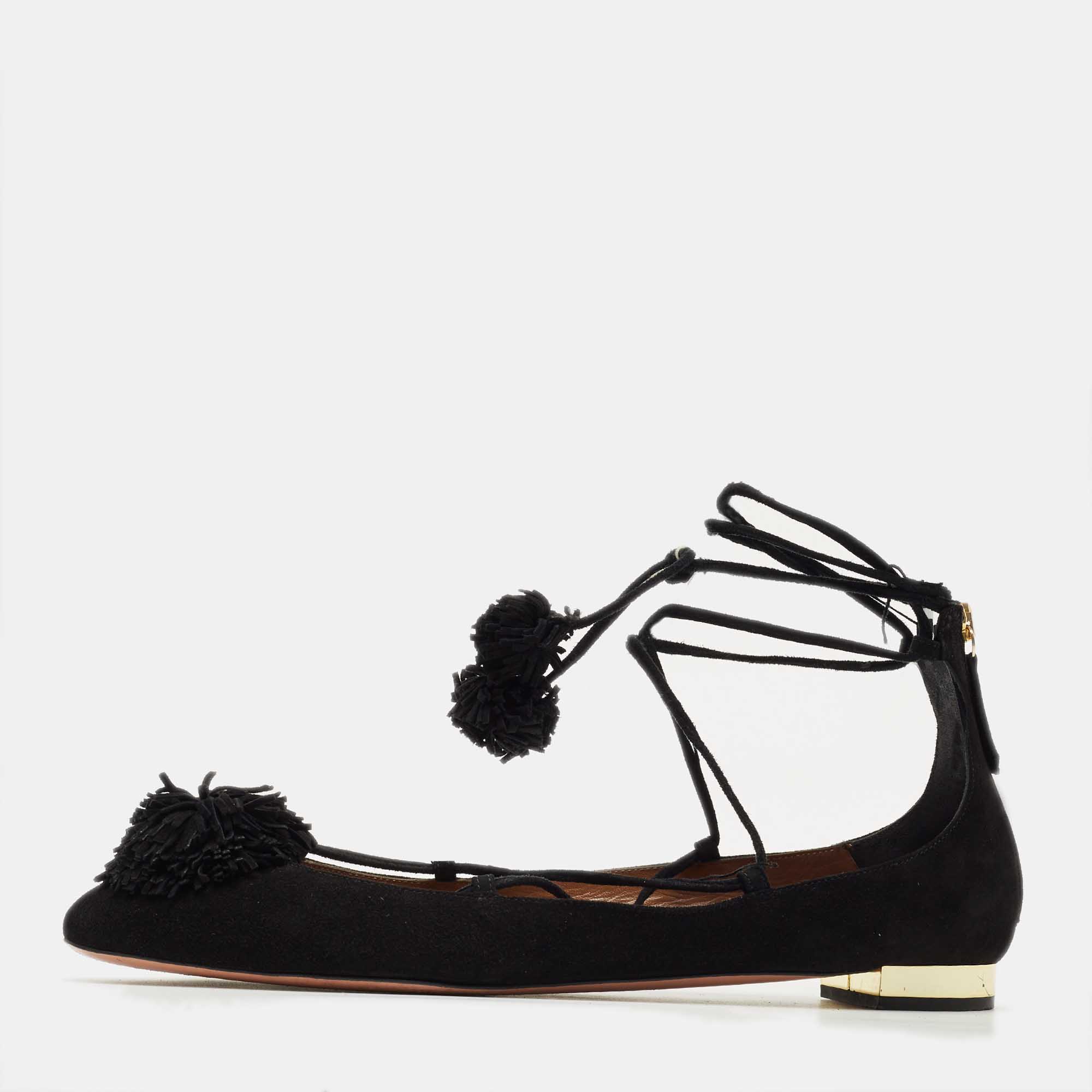 Pre-owned Aquazzura Black Suede Sunshine Ankle Tie Flats Size 41