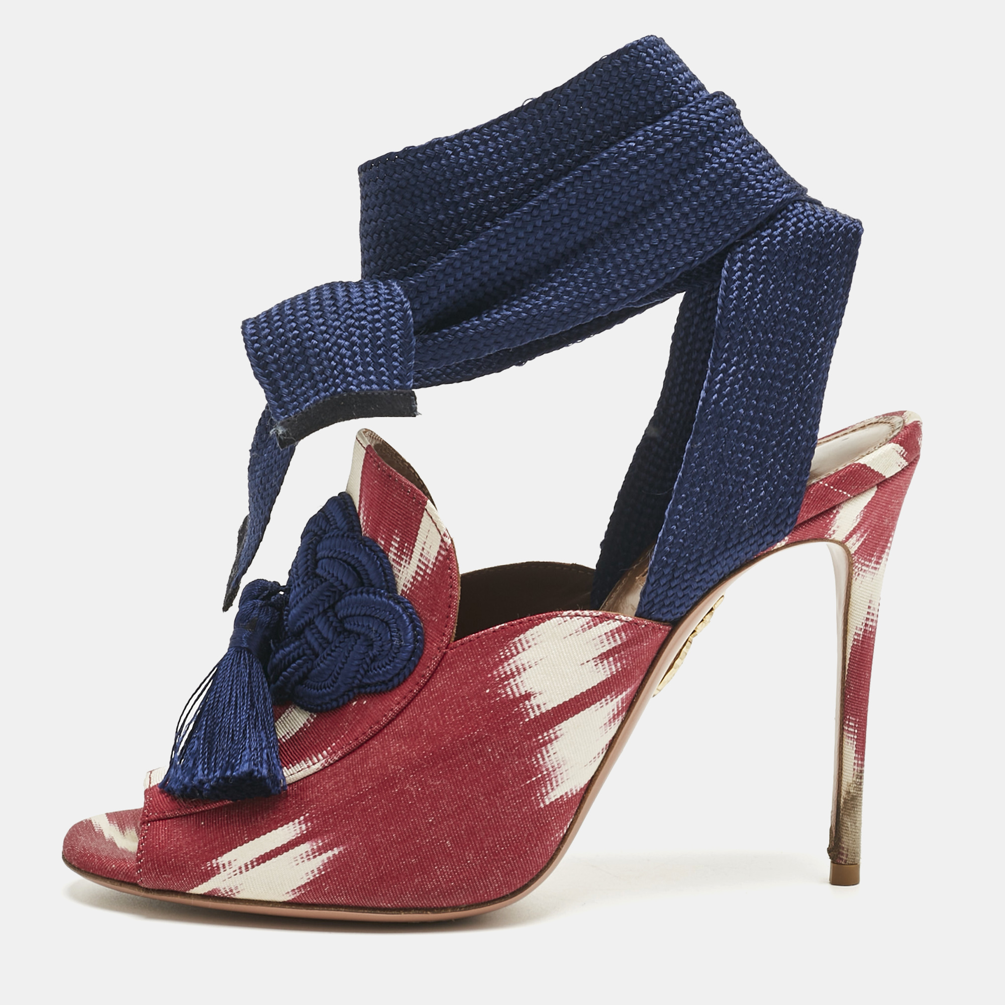 

Aquazzura Burgundy/White Canvas Tassel Ankle Tie Sandals Size