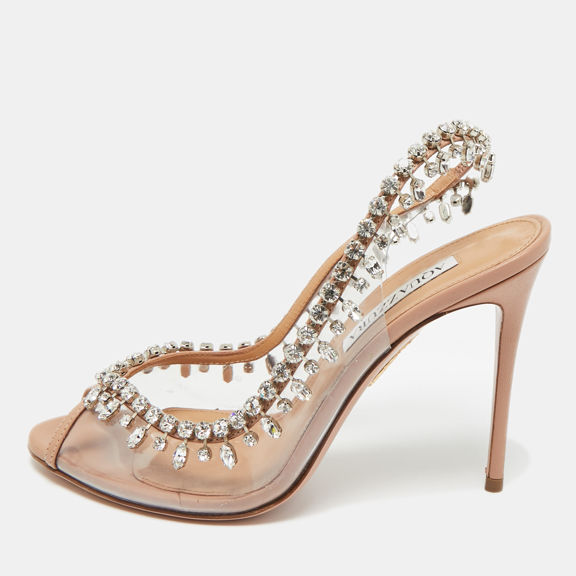 

Aquazzura Beige Leather and PVC Crystal Embellish Temptation Peep Toe Pumps Size