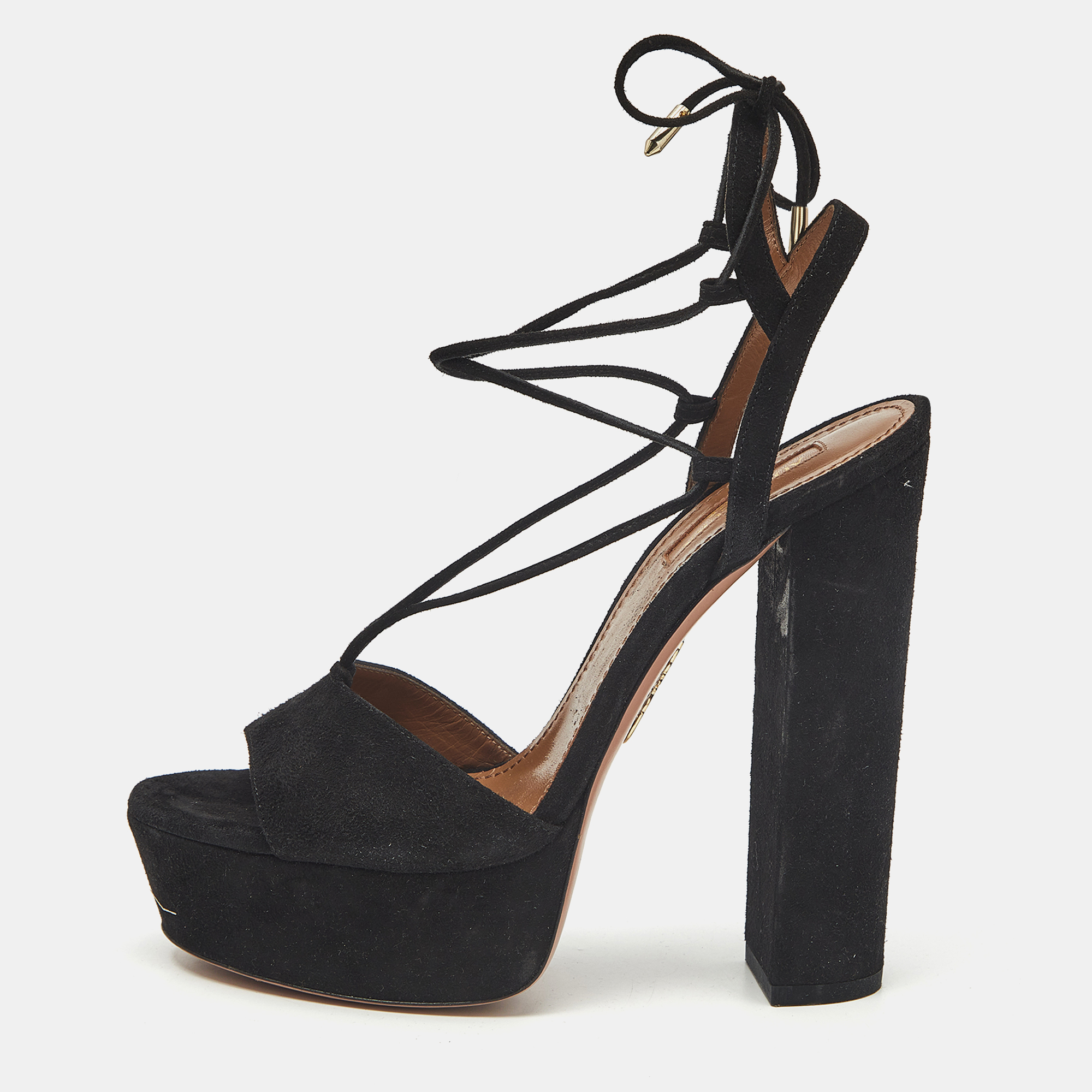 Pre-owned Aquazzura Black Suede Austin Plateau Platform Sandals Size 37