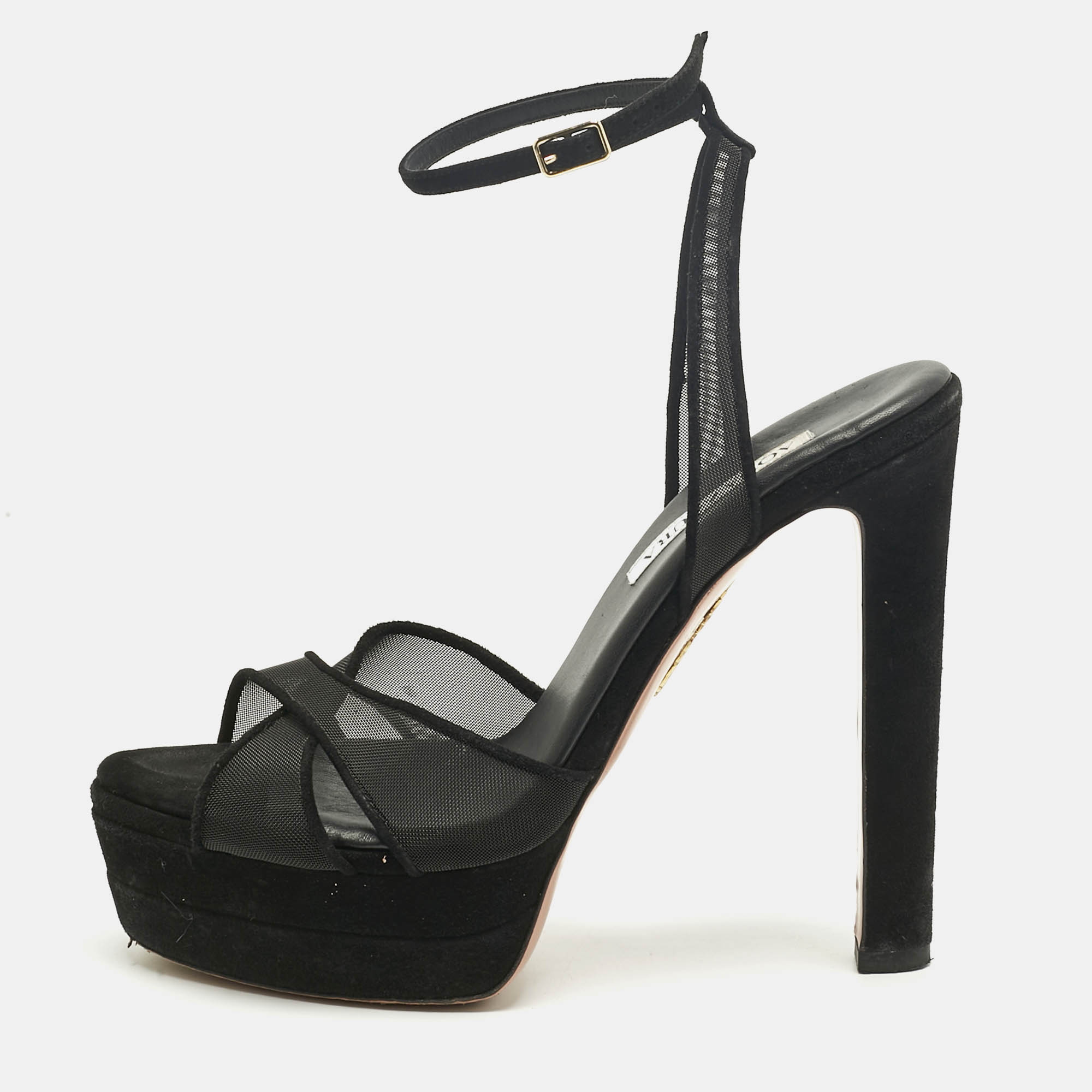 Pre-owned Aquazzura Black Suede And Net Platform Ankle Strap Sandals Size 39
