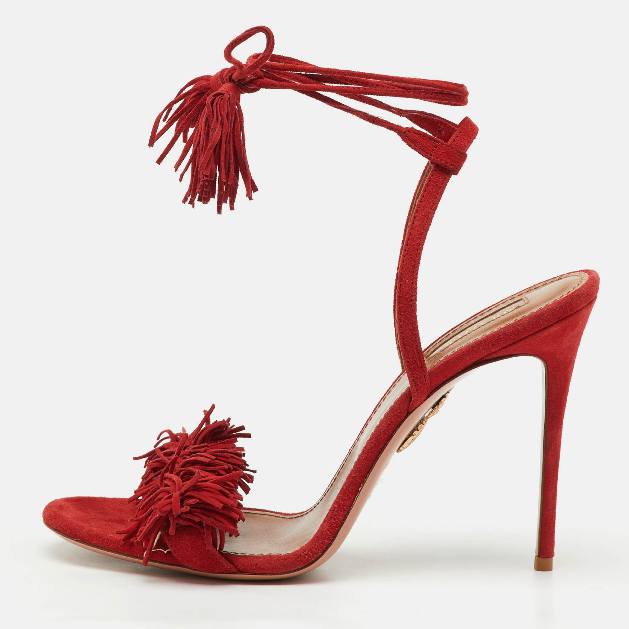Pre-owned Aquazzura Red Suede Wild Thing Fringe Ankle Wrap Sandals Size 41