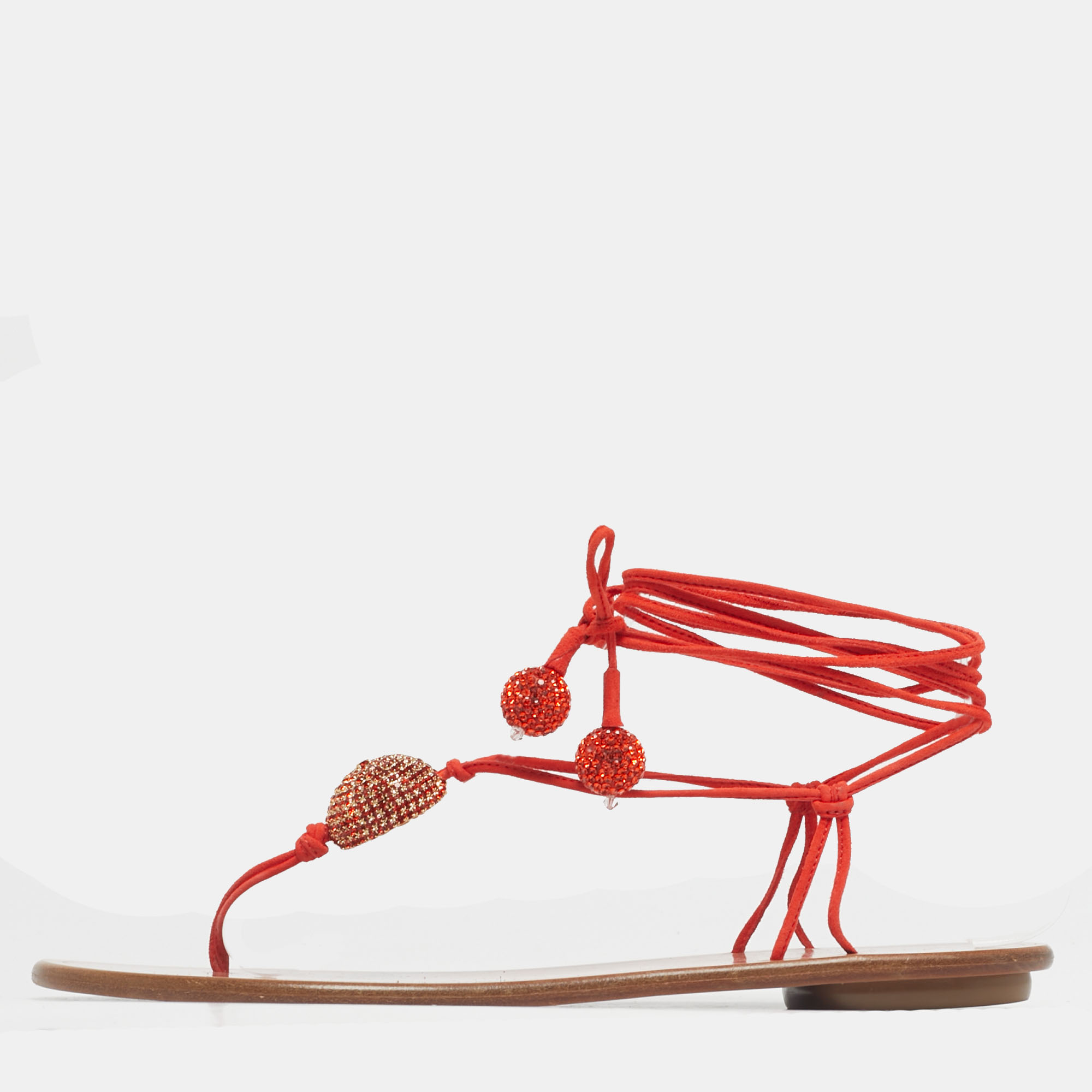 Pre-owned Aquazzura Orange Suede Jackie Ankle Wrap Flat Slide Size 39.5