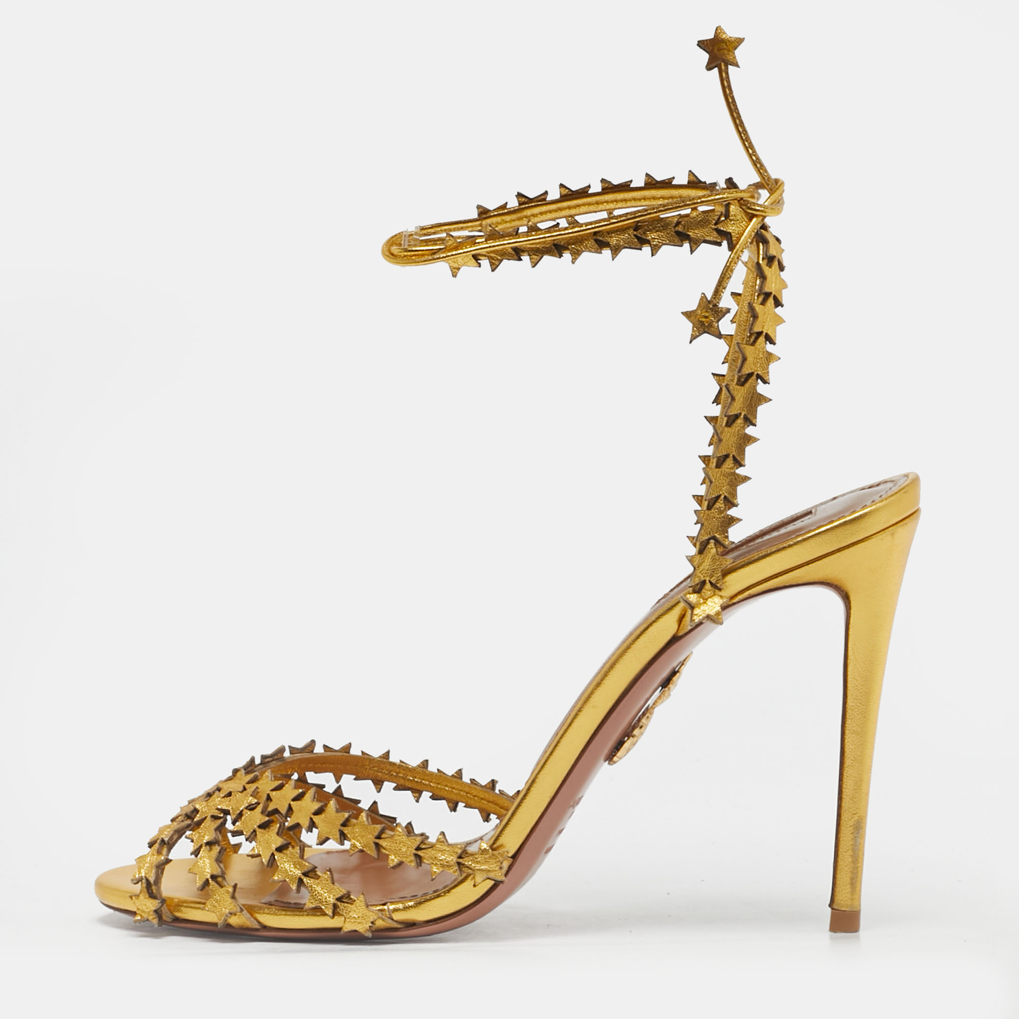 

Aquazzura Gold Leather Starlight Ankle Strap Open Toe Sandals Size