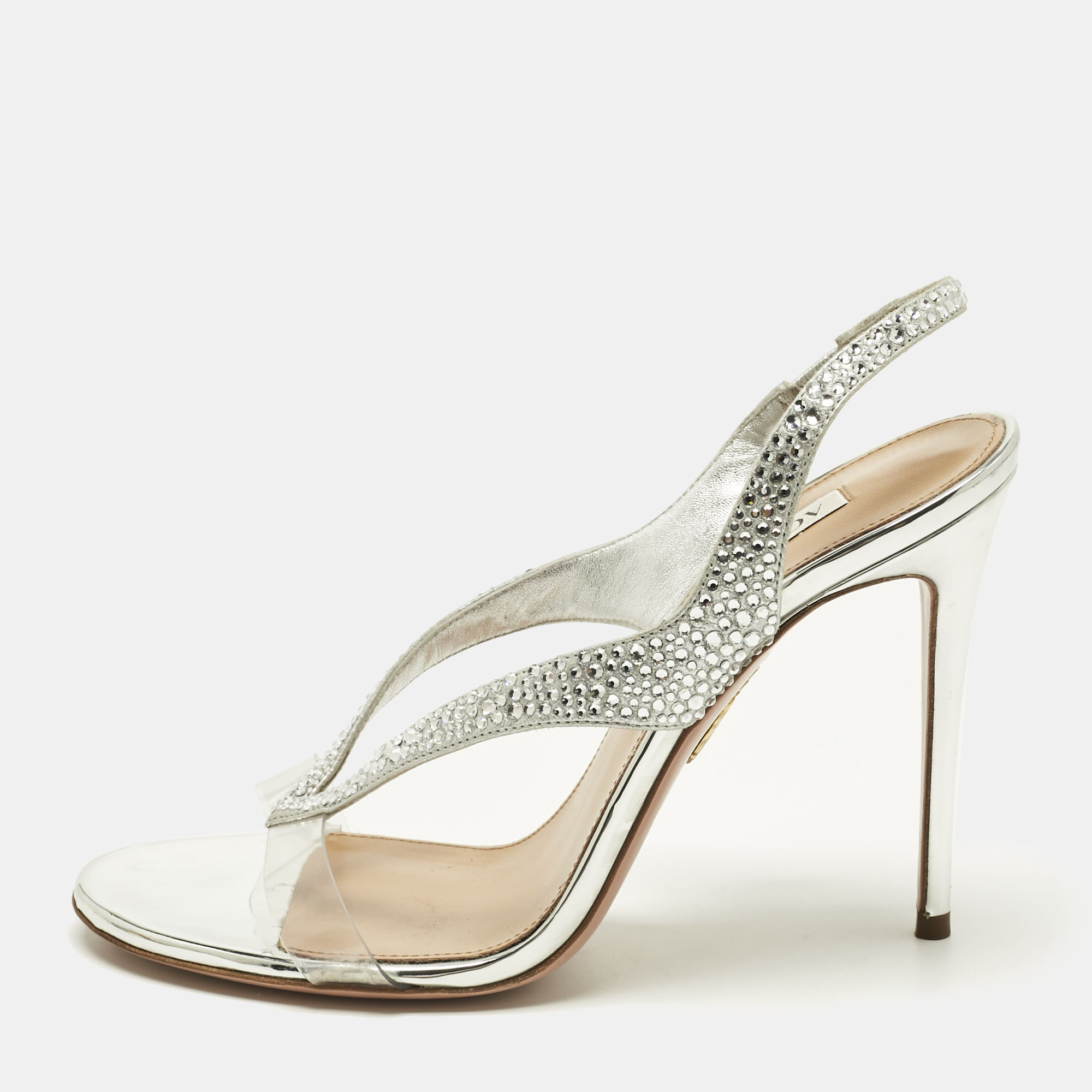 Pre-owned Aquazzura Silver Suede And Pvc Crystal Embellished Izzy Sandals Size 37