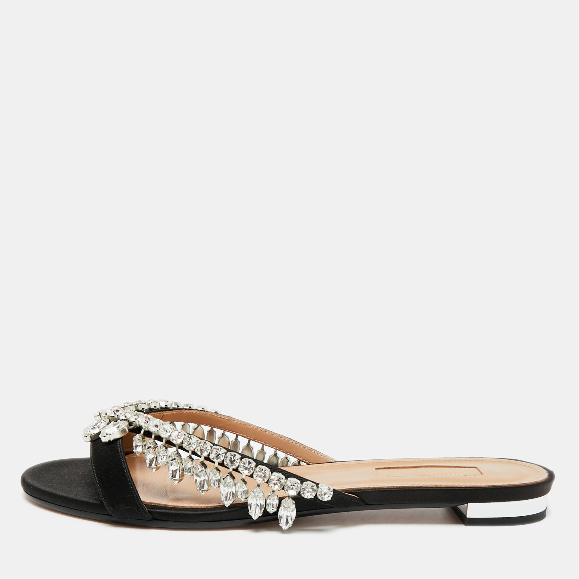 Click to view more detailed imagery on our partner's website Pre-owned Aquazzura Gem Palace Black Satin Crystal Embellished Flat Sandals Size 37.5