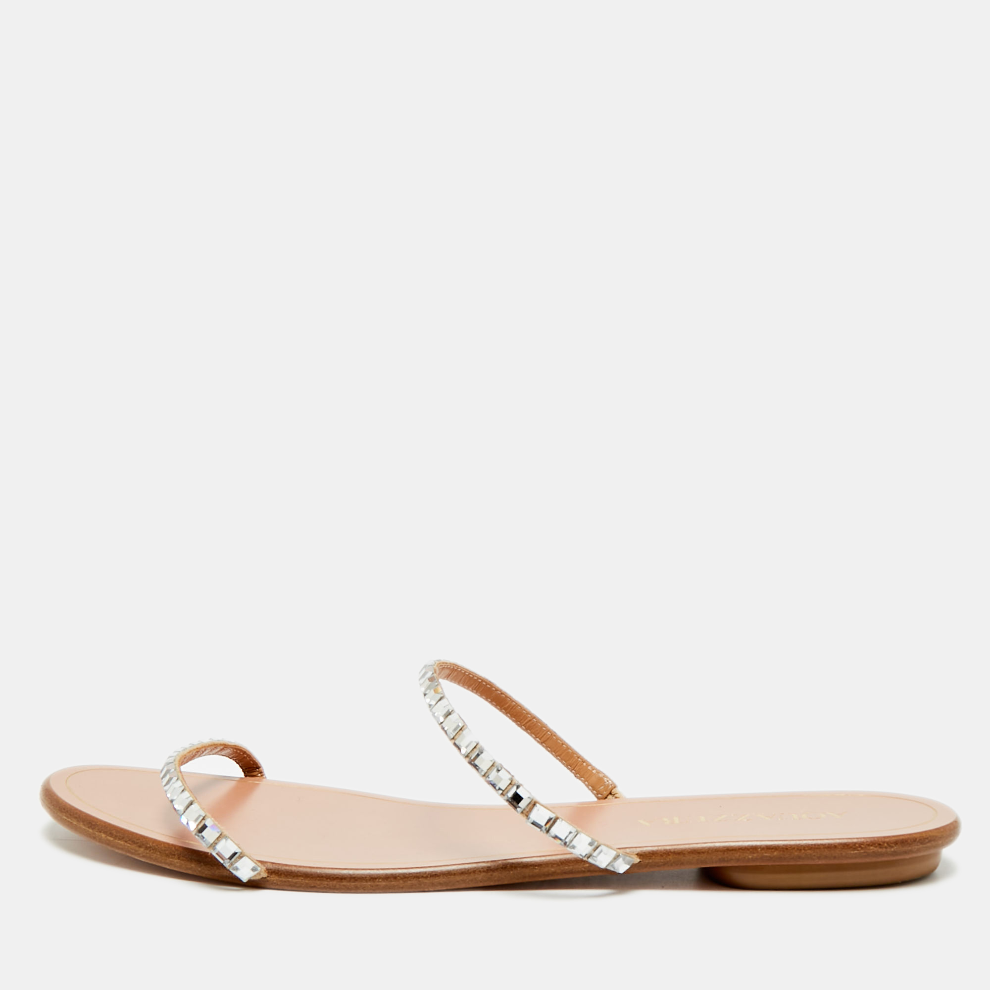 Pre-owned Aquazzura Size 40 Beige Suede Crystal Embellished Strappy Flat Slide In Sand
