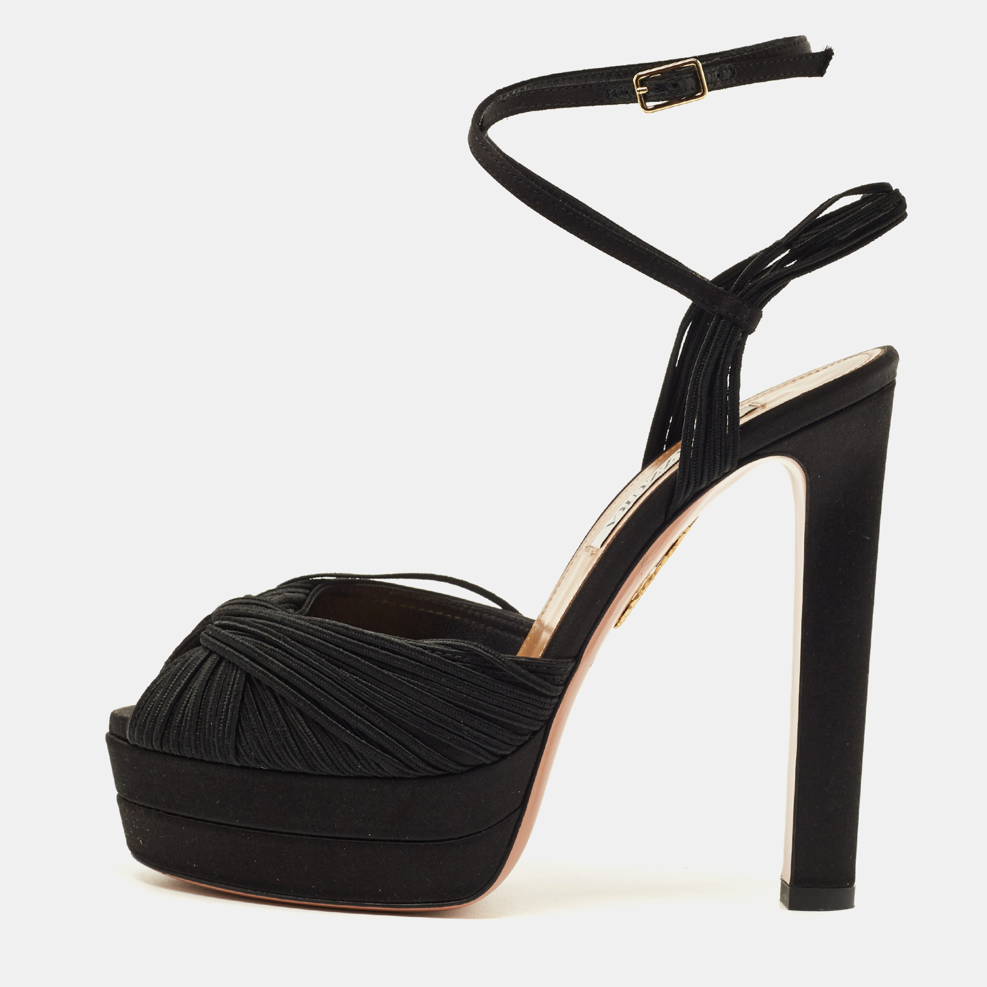 

Aquazzura Bellini Beauty Plateau Size  Black Fabric and Satin Ankle Strap Sandals