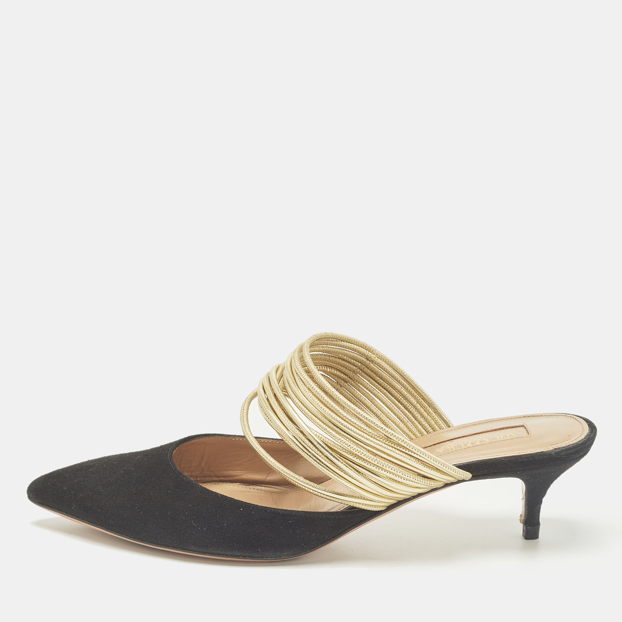 

Aquazzura Rendez Vous Size  Black/Gold Leather and Suede Mules