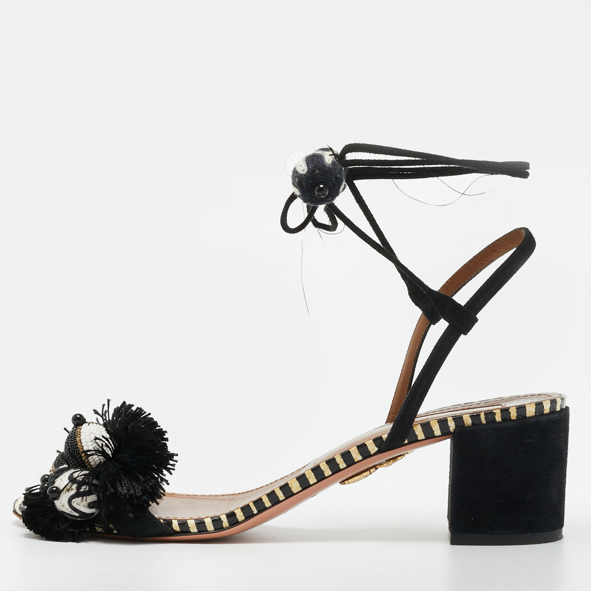 

Aquazzura Size  Black/White Suede Bead Pom Pom Block Heel Ankle Wrap Sandals