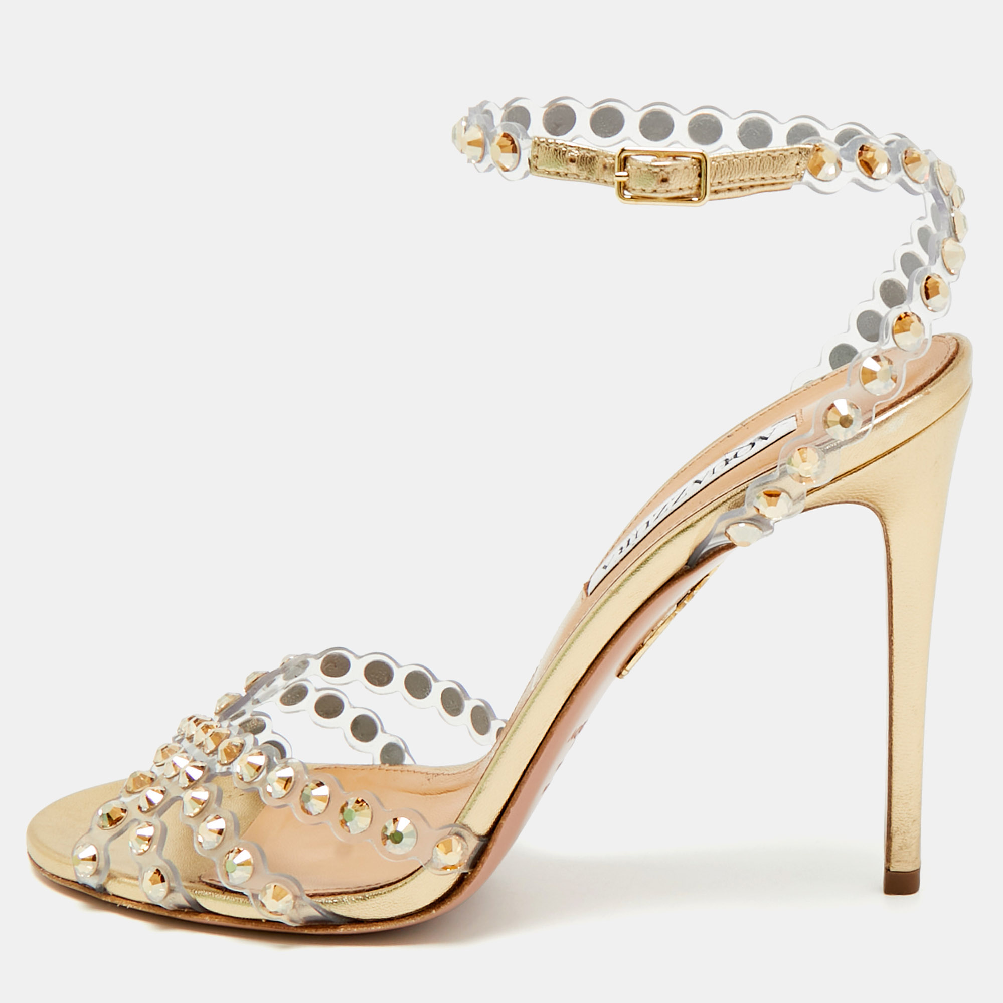 

Aquazzura Tequila Size  Transparent/Gold PVC and Leather Ankle Strap Sandals